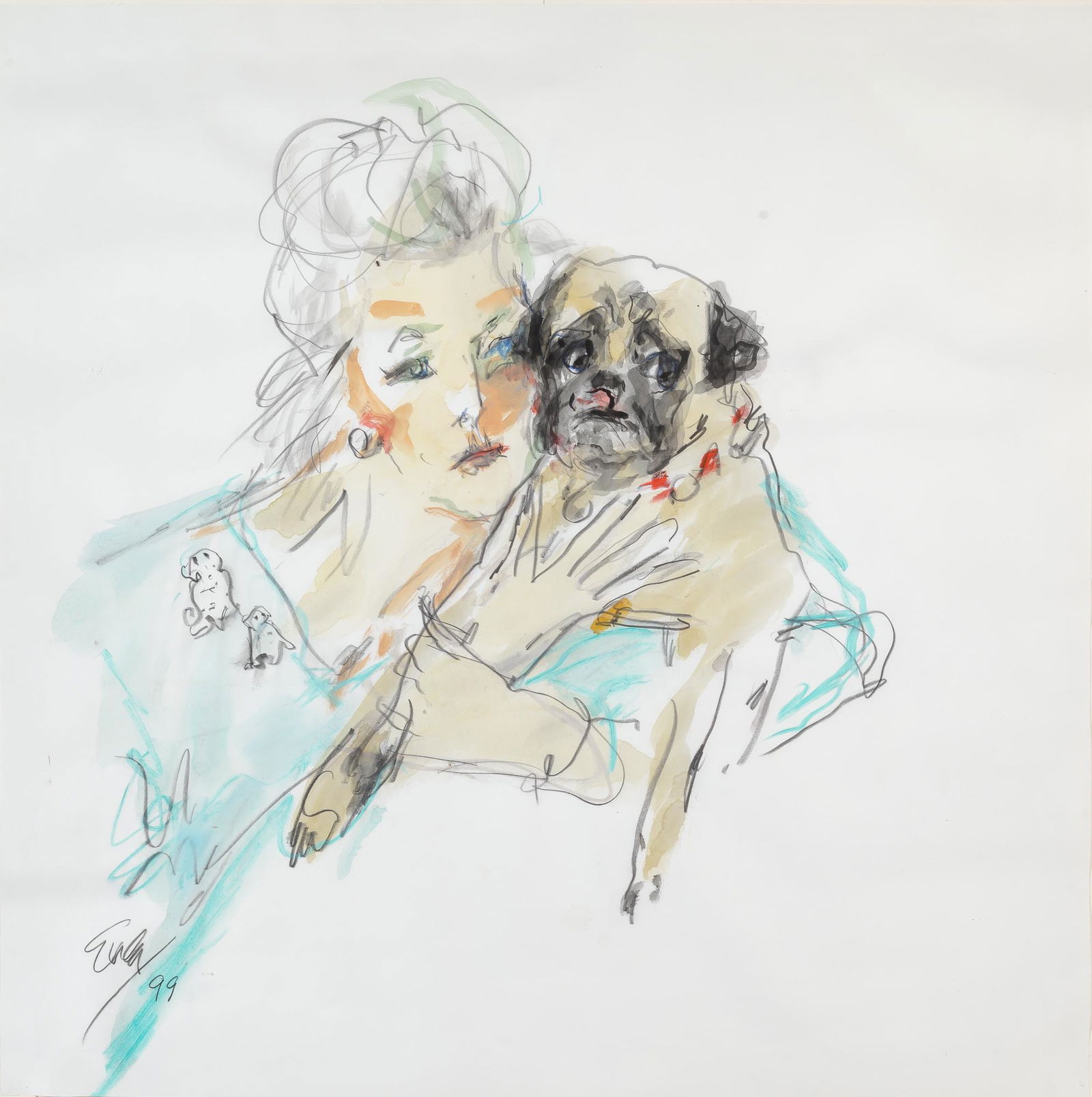 Joe Eula American, 1925-2004 Portrait of Brigid Berlin Holding Her Pug, 1999: Joe Eula American, 1925-2004 Portrait of Brigid Berlin Holding Her Pug, 1999 Signed and dated Eula 99 (ll) Watercolor and crayon on paper 35 3/4 x 35 3/4 inches C Estate of Brigid Berlin