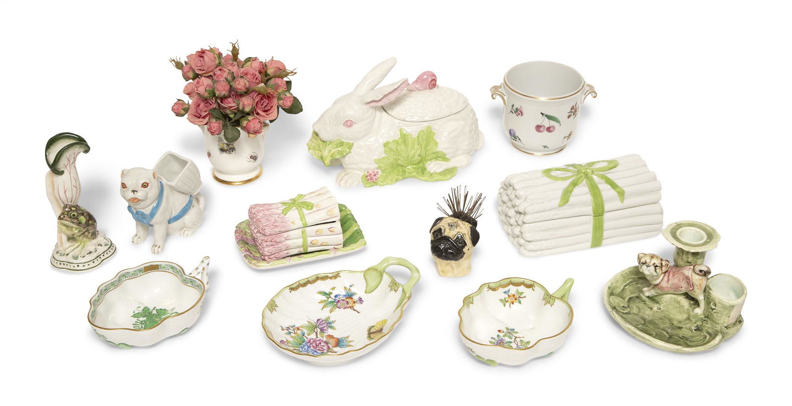 Group of Porcelain and Ceramic Table Articles Including two Herend sauceboats; a Herend leaf-shaped (1 of 4)