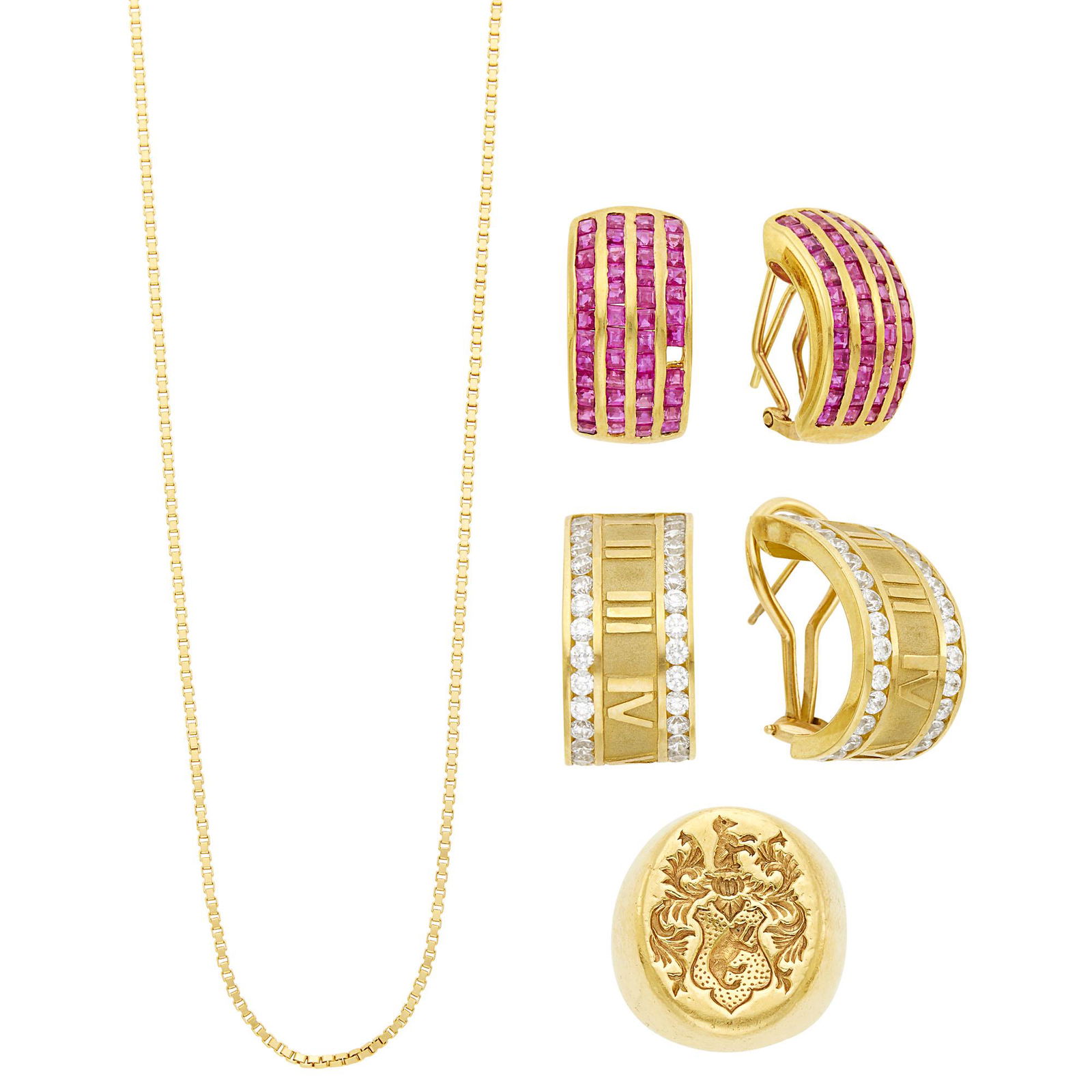 Pair of Gold and Ruby Earrings, Pair of Gold and Simulated Diamond Earrings, Gold Chain and Gold (1 of 1)