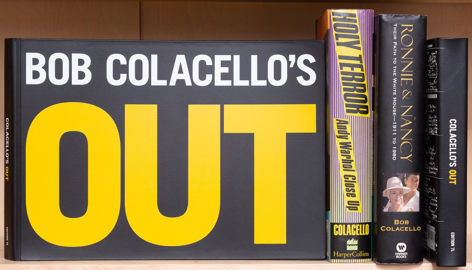 BOB COLACELLO Three books signed for Brigid Berlin.: BOB COLACELLO Three books signed for Brigid Berlin. Comprising two first edition copies of Out, 2007, one flat signed, the other inscribed; Holy Terror, 1990, first edition, inscribed, publisher's clo