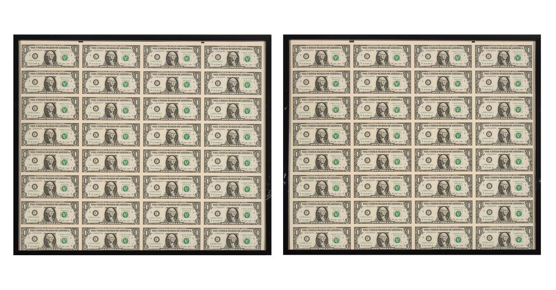 BRIGID BERLIN Sixty-Four One Dollar Bills.: BRIGID BERLIN Sixty-Four One Dollar Bills. An original work presented in two frames, 2012, each presenting full sheets of 32 $1 bills, each 21 x 24 inches (53.5 x 60 cm), inscribed on the back of one