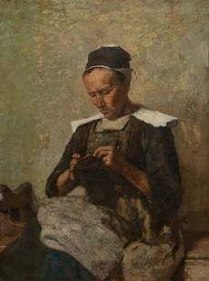 Thomas Hovenden: Thomas Hovenden American, 1840-1895 Woman Sewing, 1877 Signed Hovenden (ul) and dated Bretagne 1877 (ur) Oil on canvas 13 1/4 x 10 1/4 inches C