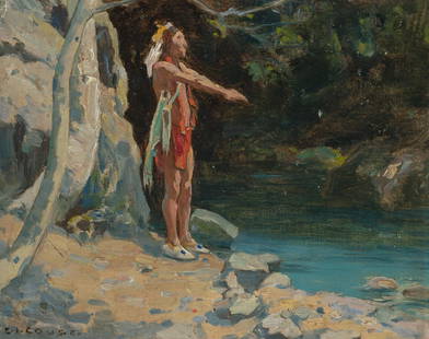 Eanger Irving Couse: Eanger Irving Couse American, 1866-1936 Blessing the Waters Signed E. I. Couse. (ll); signed Irving Couse, inscribed at titled on the reverse Oil on canvasboard 7 7/8 x 9 7/8 inches We wish to thank