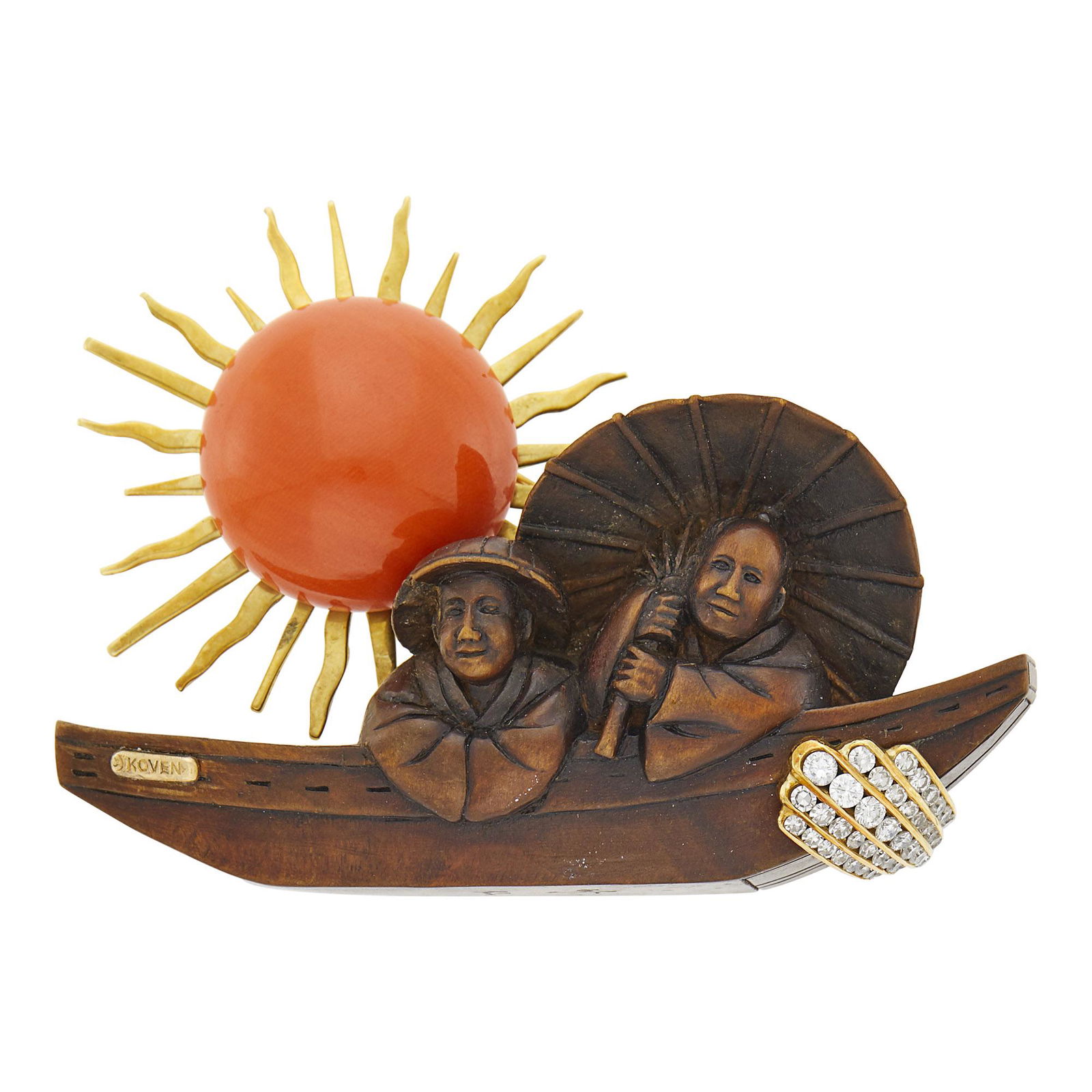 Marc Koven Gold, Coral, Carved Wood and Diamond Brooch (1 of 3)