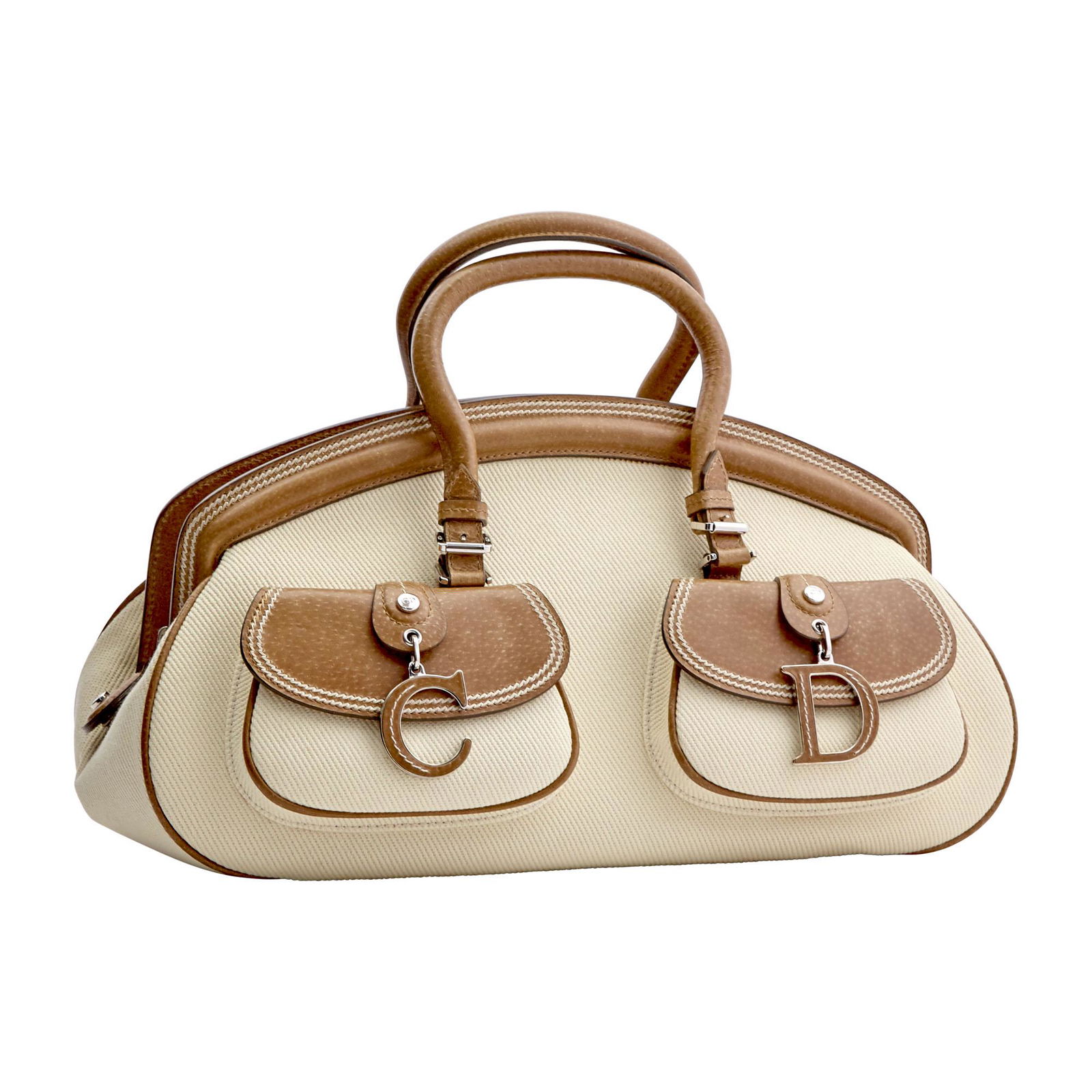 Christian Dior Linen and Brown Leather Bag (1 of 1)