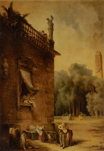 Hubert Robert, Dragonman Drawing the Wooden Bridge in the Park of Merville,  painting, oil on canvas, Height, 65 cm (25.5 inches), Width, 81 cm (31.8  inches), Inscriptions, Signature, H Robert, Reimagined by