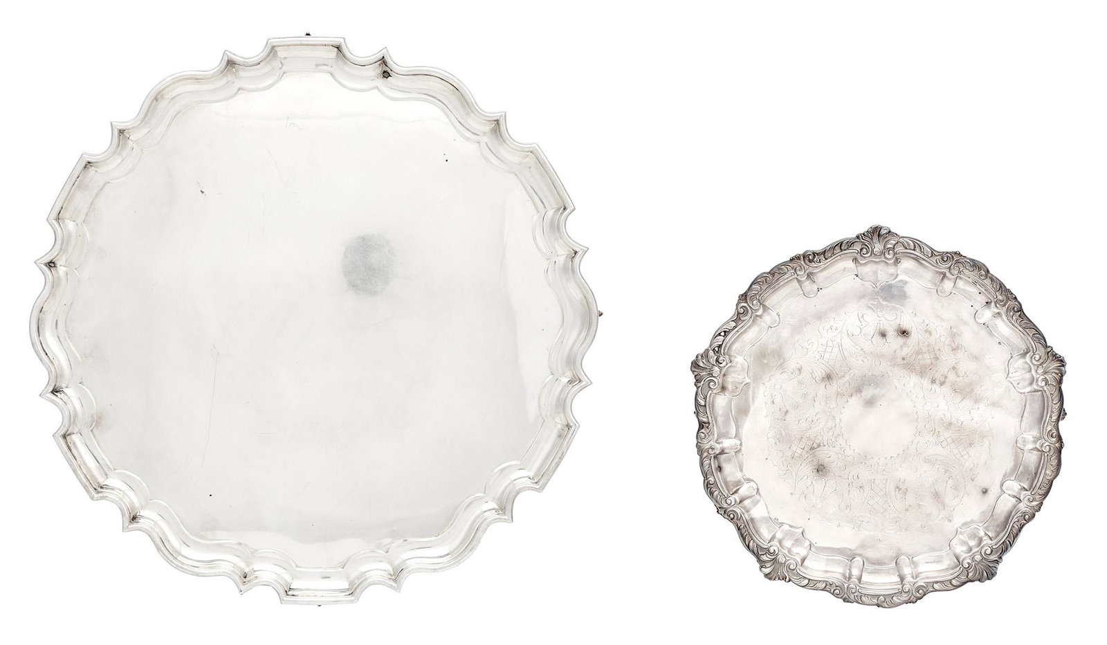 Two English Sterling Silver Salvers: Two English Sterling Silver Salvers The larger marked Henry Stratford, London, 1901, the smaller marked Roberts & Belk, Sheffield, 1967 Diameters 18 inches (45.6 cm) and 11 3/4 inches (30 cm), total a