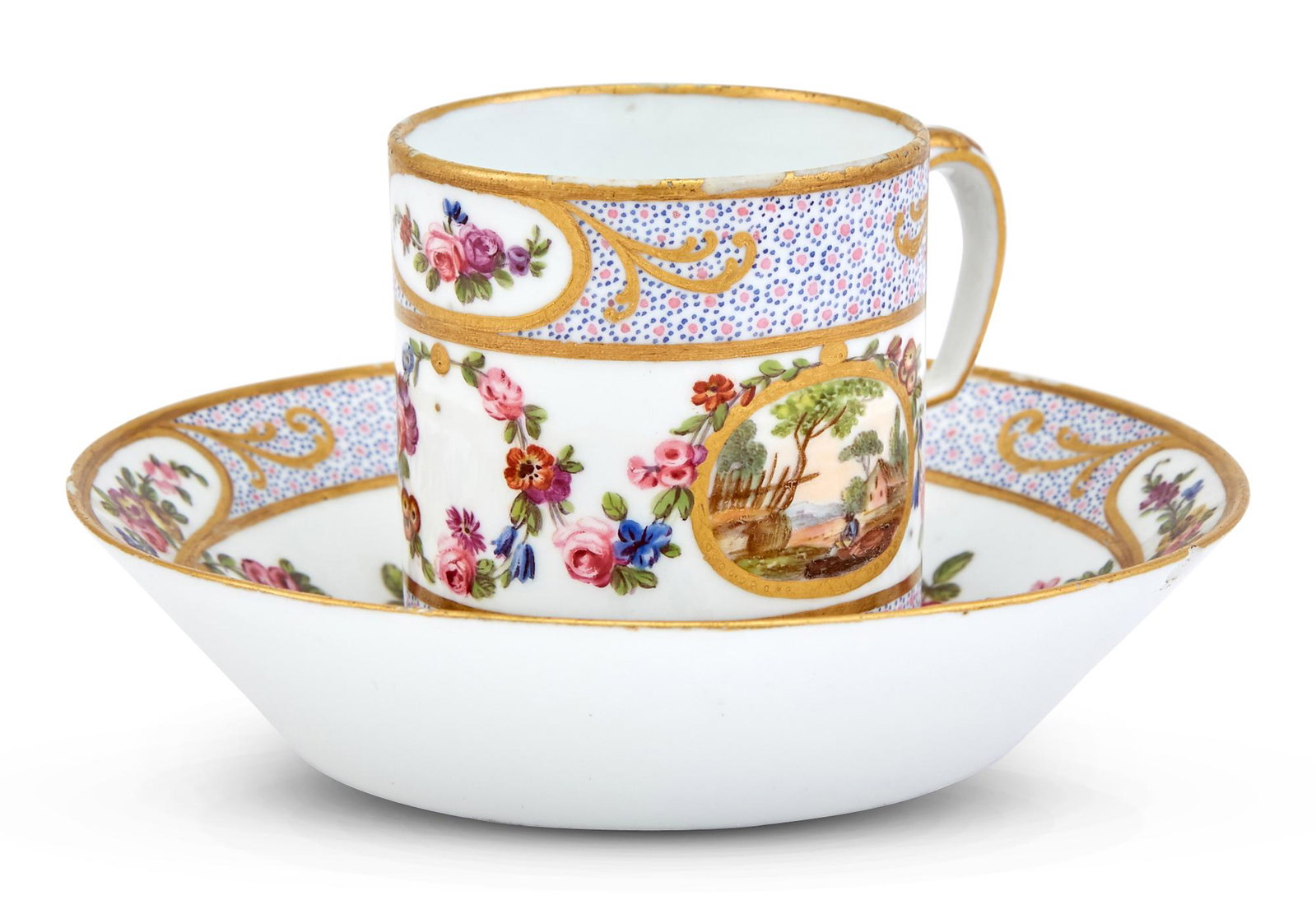 Sèvres Porcelain Oeil-de-Perdrix Ground Coffee-Can and Saucer (Gobelet Litron et sa Soucoupe): Sèvres Porcelain Oeil-de-Perdrix Ground Coffee-Can and Saucer (Gobelet Litron et sa Soucoupe) Circa 1761, blue interlaced L's mark enclosing the date letter H, painter mark of a hatchet for Rosse