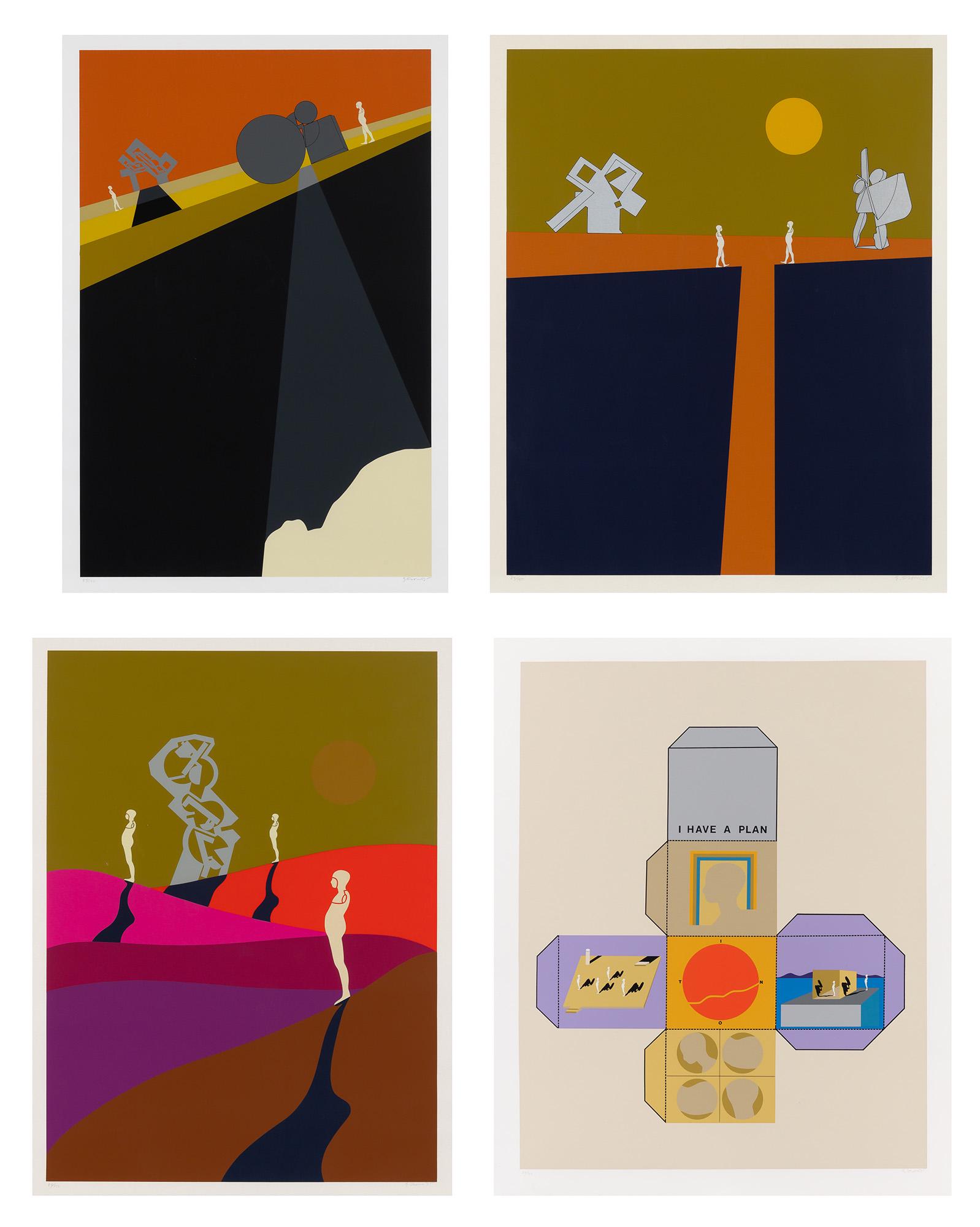 Ernest Trova SERIES SEVENTY-FIVE Complete set of four color screenprints, three framed: Ernest Trova (1927-2009) SERIES SEVENTY-FIVE Complete set of four color screenprints, 1975, signed, dated and numbered 84/150 in pencil, with full margins, three framed. Sheets 42 1/4 x 35 1/8 inches;