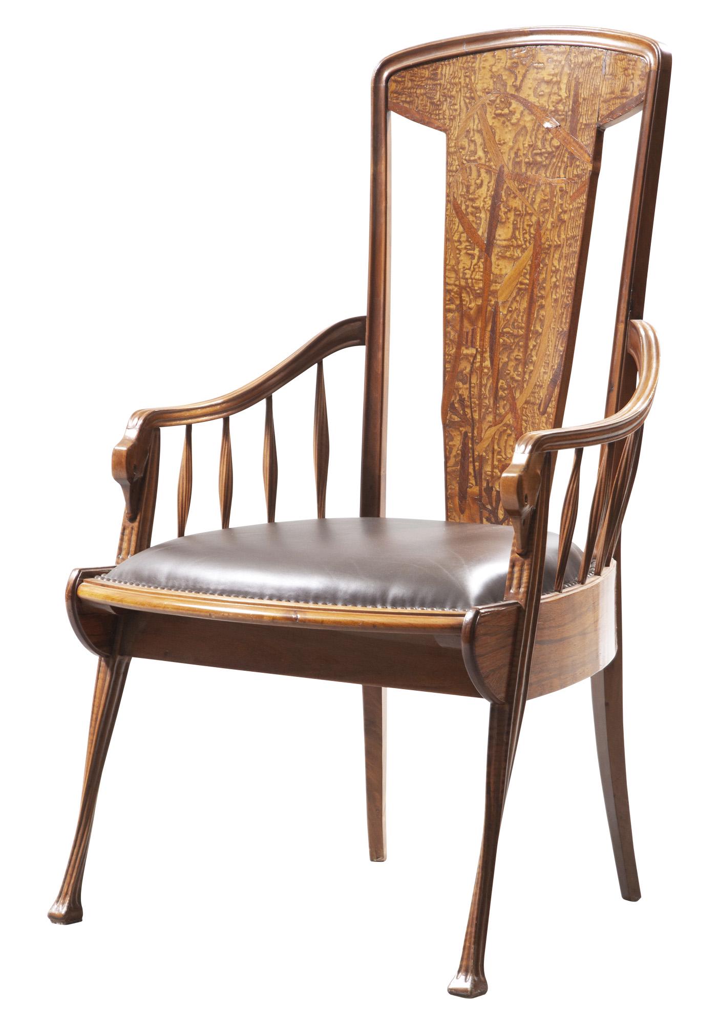 Art Nouveau Upholstered Marquetry Inlaid Fruitwood Armchair: Art Nouveau Upholstered Marquetry Inlaid Fruitwood Armchair Manner of Émile Gallé, early 20th century The backsplat inlaid with foliage in exotic wood, the reeded arms ending in duck head ha
