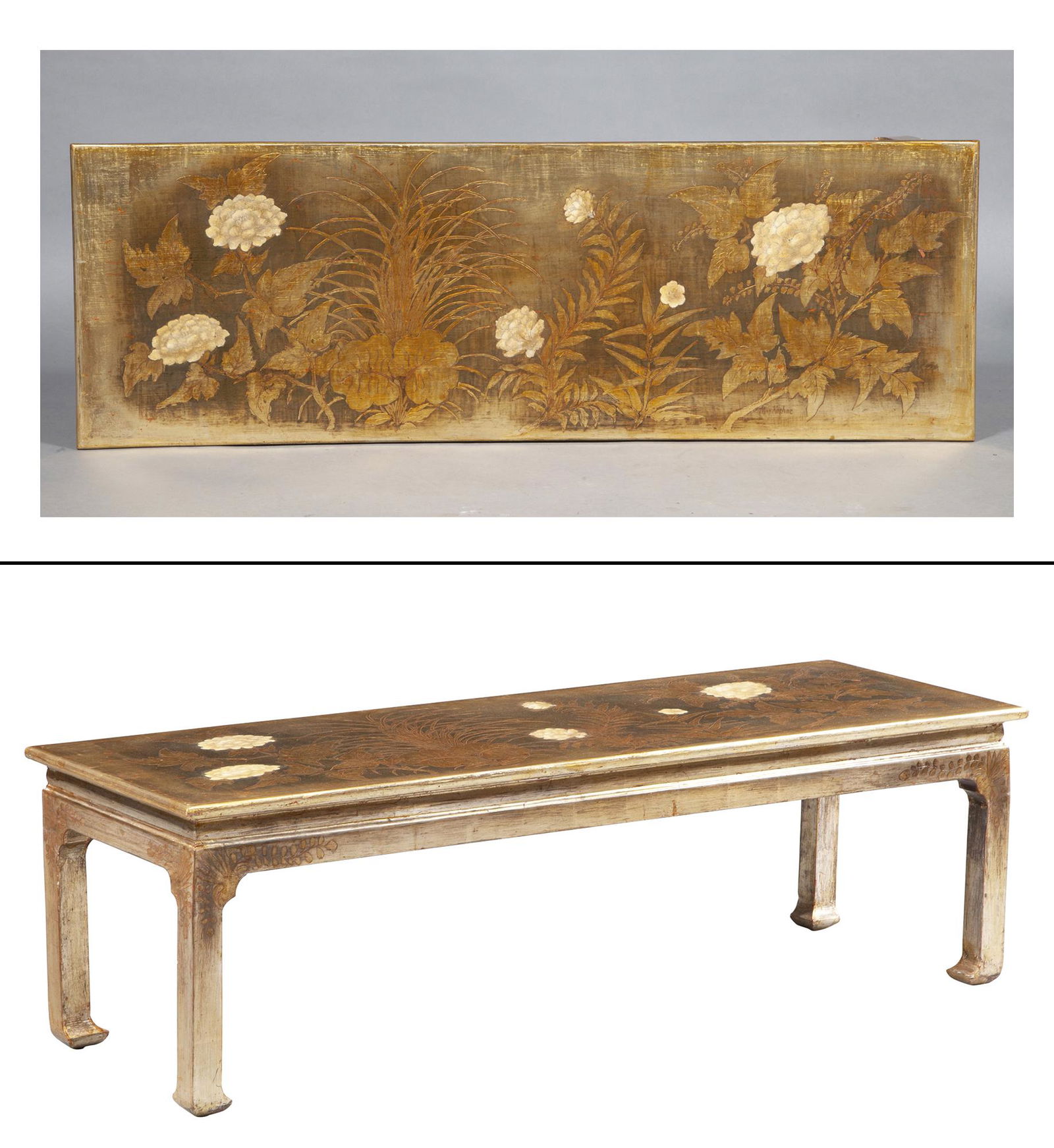Max Kuehne Gilt and Polychrome Gessoed, Carved and Incised Wood Low Table 1930s The rectangular top: Max Kuehne Gilt and Polychrome Gessoed, Carved and Incised Wood Low Table 1930s The rectangular top with floral decoration, the frame with foliage to corners. Height 17 1/4 inches, width 56 inches, de