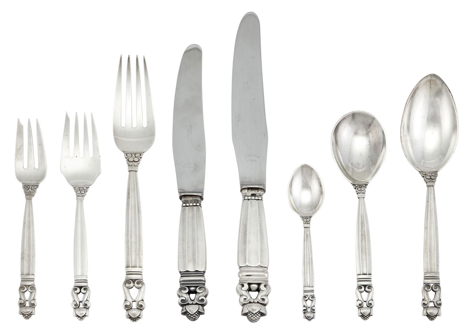 Assembled Georg Jensen Sterling Silver Acorn Pattern Part Flatware Service Various date marks (1 of 3)