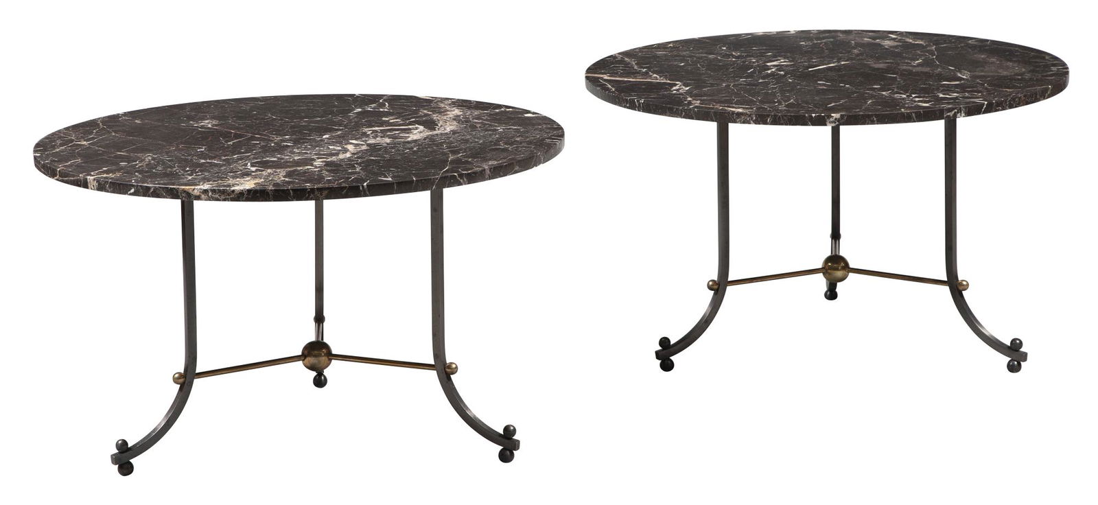 Pair of French Marble Top Brass and Steel Side Tables 20th Century Each circular top raised on three (1 of 4)