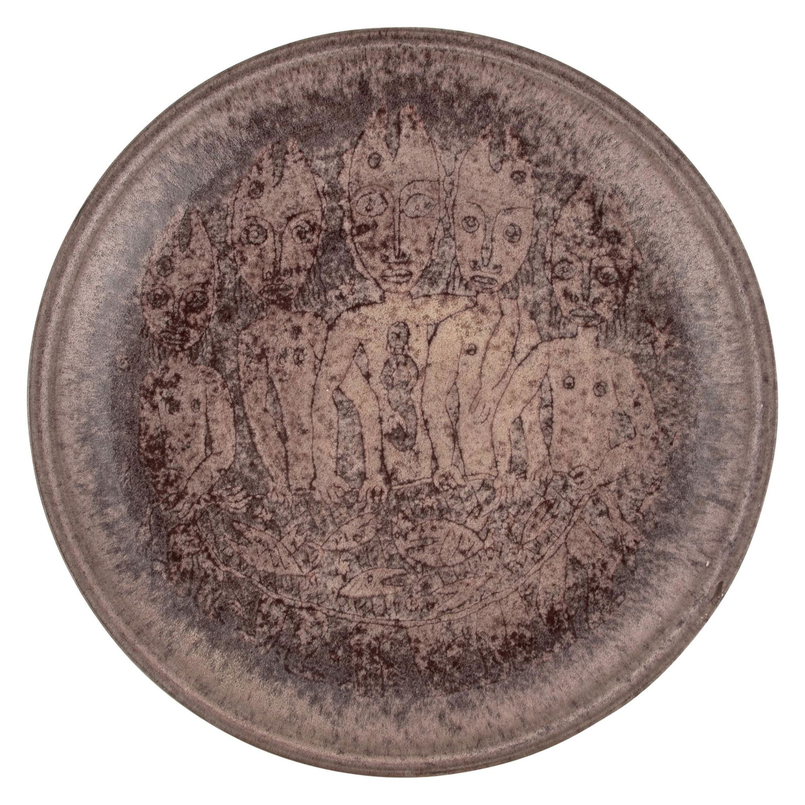 Edwin & Mary Scheier Glazed Stoneware Charger 1950s Decorated with figures carrying a net with fish,: Edwin & Mary Scheier Glazed Stoneware Charger 1950s Decorated with figures carrying a net with fish, inscribed Scheier. Diameter 14 1/4 inches. C