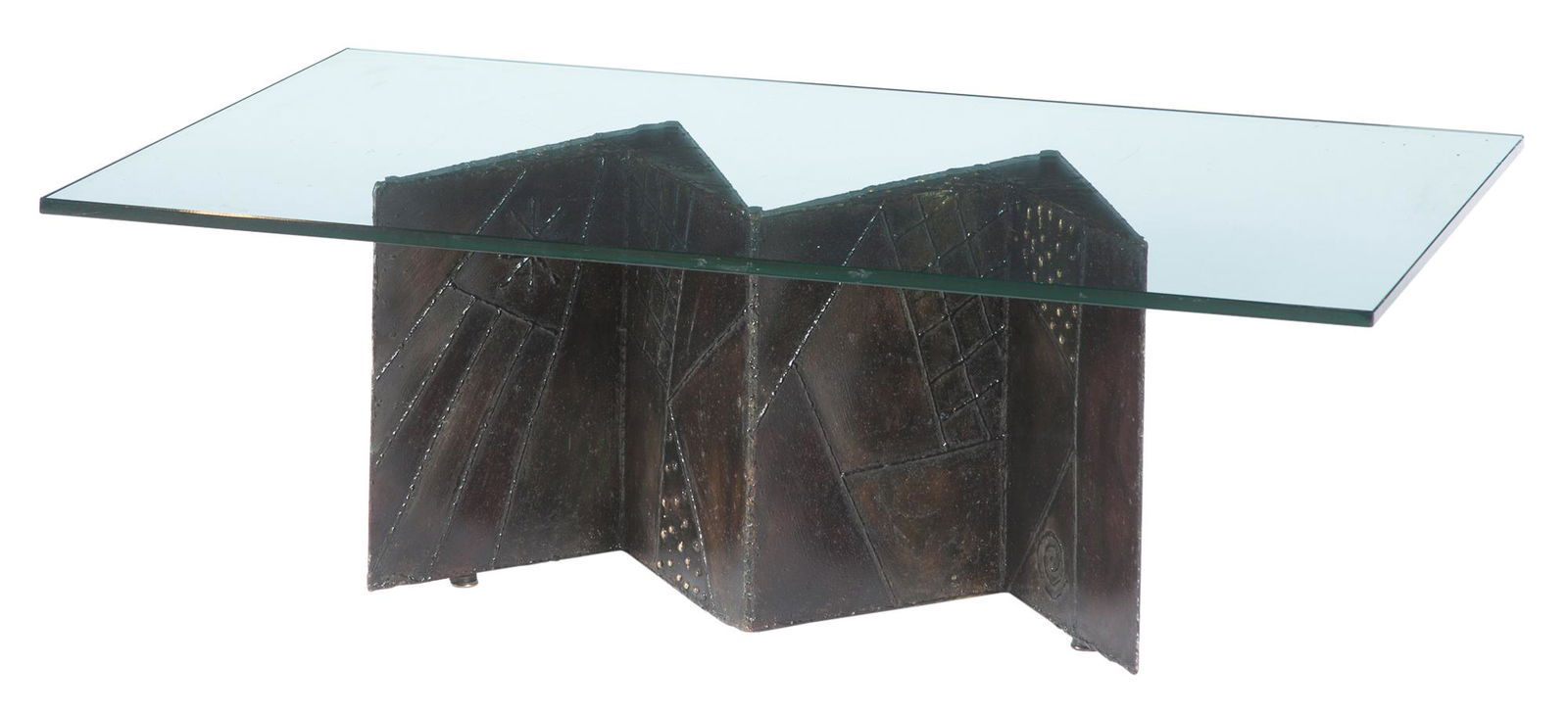Paul Evans Patinated Metal Zig Zag Low Table 1968 With a later glass top. Height 16 inches, width 48 (1 of 11)
