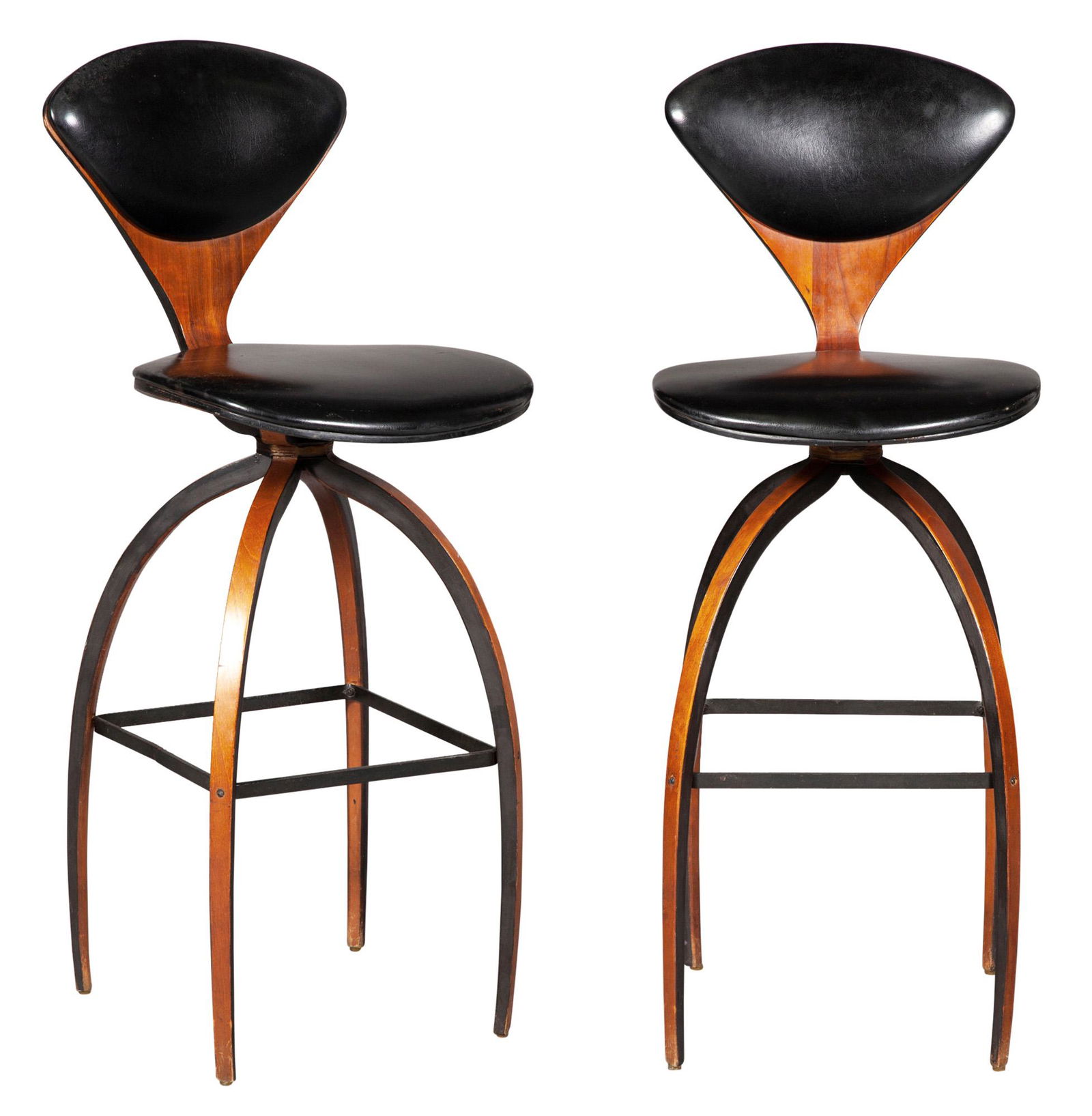 Pair of Norman Cherner Upholstered Walnut and Steel Swivel Bar Stools For Plycraft Inc., 1960s: Pair of Norman Cherner Upholstered Walnut and Steel Swivel Bar Stools For Plycraft Inc., 1960s Height to back 43 inches, width 17 1/4 inches, depth 19 inches, height of seat 30 1/2 inches. C
