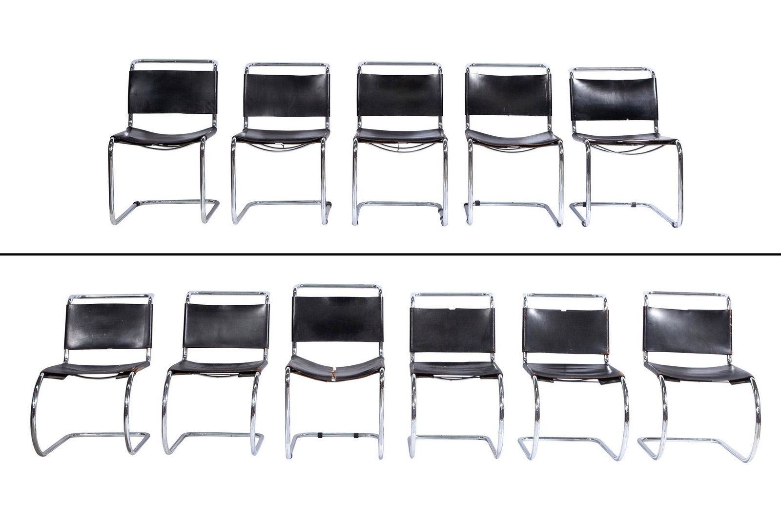 Assembled Set of Eleven Chromed Metal and Black Leather MR Style Chairs: Assembled Set of Eleven Chromed Metal and Black Leather MR Style Chairs After Mies van der Rohe Height 33 inches, height of seat 18 1/4 inches, width 19 1/2 inches, depth 24 1/2 inches. C