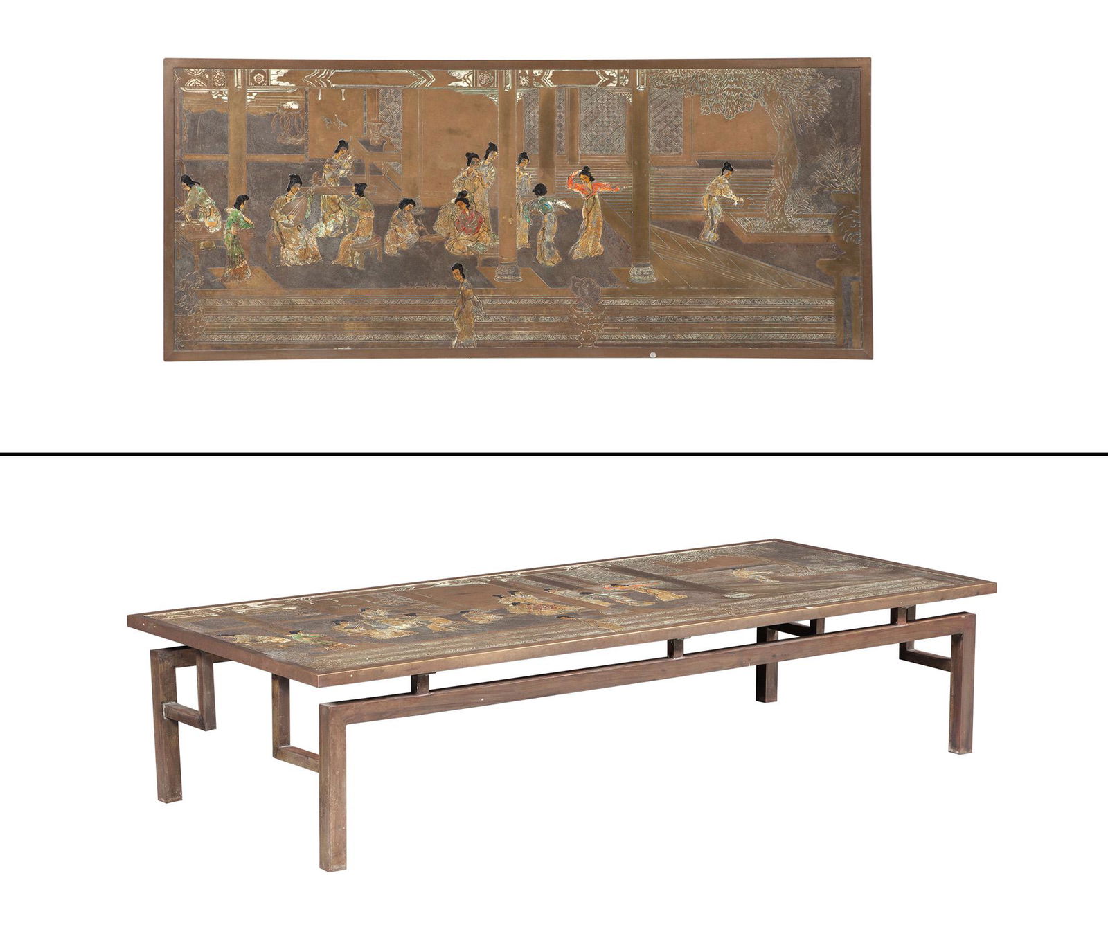 Philip and Kelvin Laverne Acid-Etched, Polychrome Enameled and Patinated Bronze Chin Yin Low Table (1 of 15)