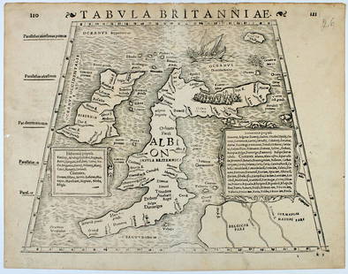 MUNSTER, SEBASTIAN Tabula Britanniae. [Basel: circa 1571]. Woodcut map on laid paper set with a: MUNSTER, SEBASTIAN Tabula Britanniae. [Basel: circa 1571]. Woodcut map on laid paper set with a trapezoidal border, paginated 120/121, with signature mark k5 to lower corner, Latin text on verso. Shee