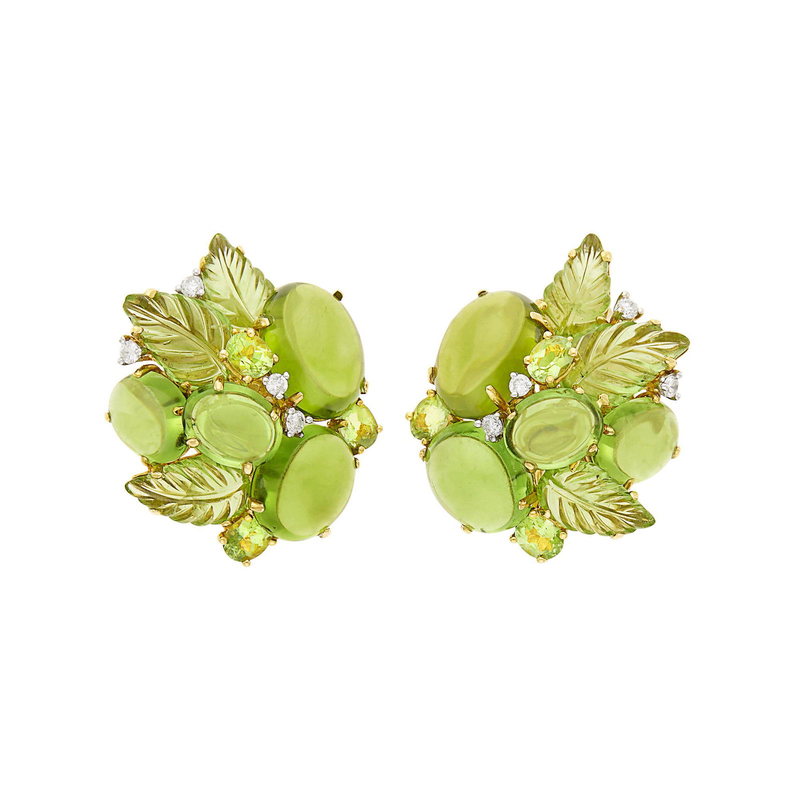 Pair of Gold, Peridot and Diamond Cluster Earclips (1 of 2)