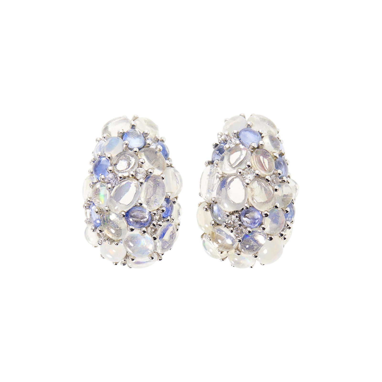 Pair of White Gold, Opal, Cabochon Sapphire and White Sapphire Bombé Earclips (1 of 2)