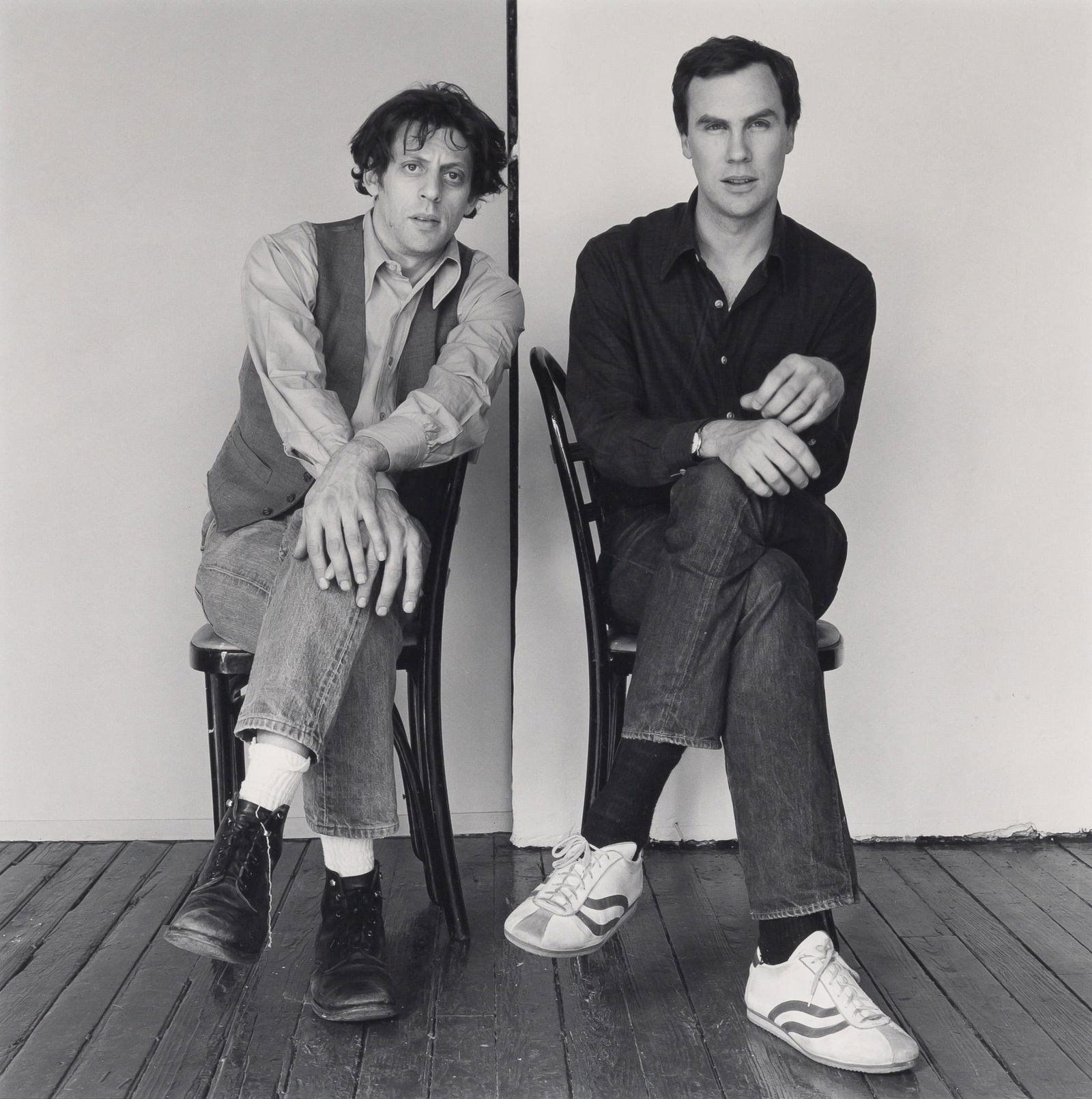 MAPPLETHORPE, ROBERT (1946-1989) Philip Glass and Robert Wilson, 1976, printed 1976.: MAPPLETHORPE, ROBERT (1946-1989) Philip Glass and Robert Wilson, 1976, printed 1976. Vintage gelatin silver print, 14 x 14 inches (355 x 355 mm) on 20 x 16 inch sheet, verso with Robert Mapplethorpe's