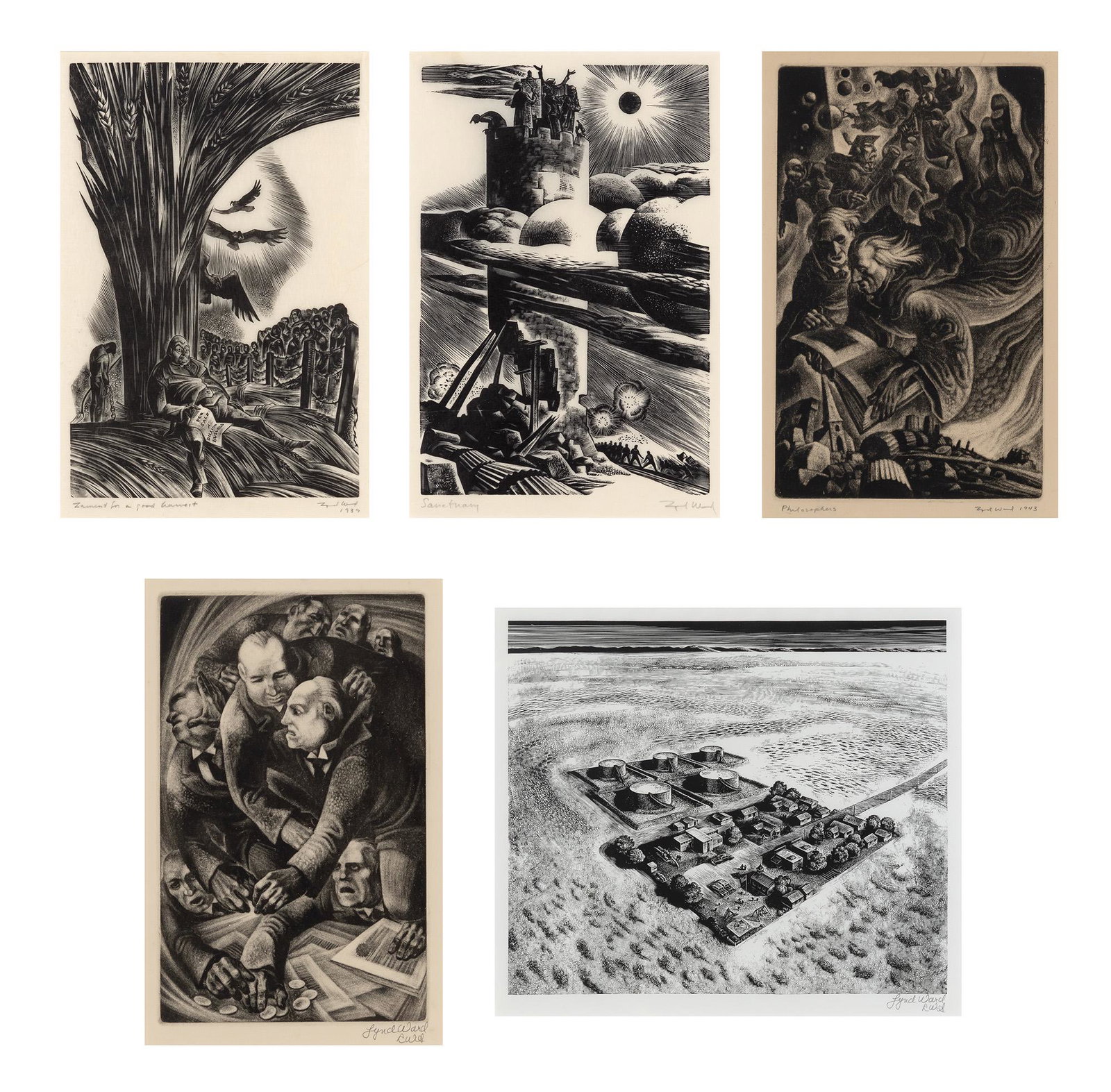 Lynd Ward [VARIOUS SCENES] Five wood engravings, framed (1 of 11)