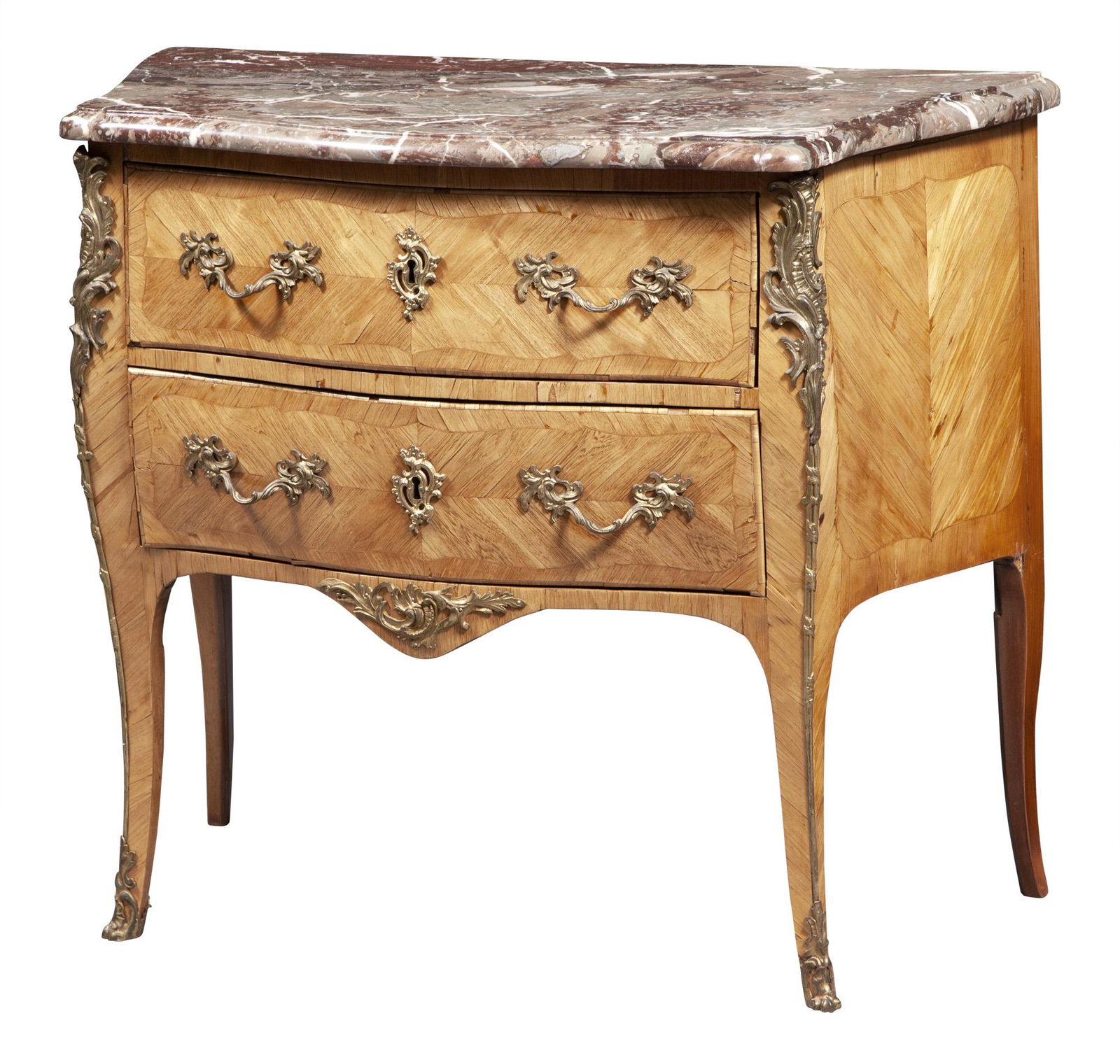 Louis XV Gilt-Metal Mounted Marquetry Commode: Louis XV Gilt-Metal Mounted Marquetry Commode Height 32 inches, width 37 1/2 inches, depth 18 inches. C The Estate of a European Collector
