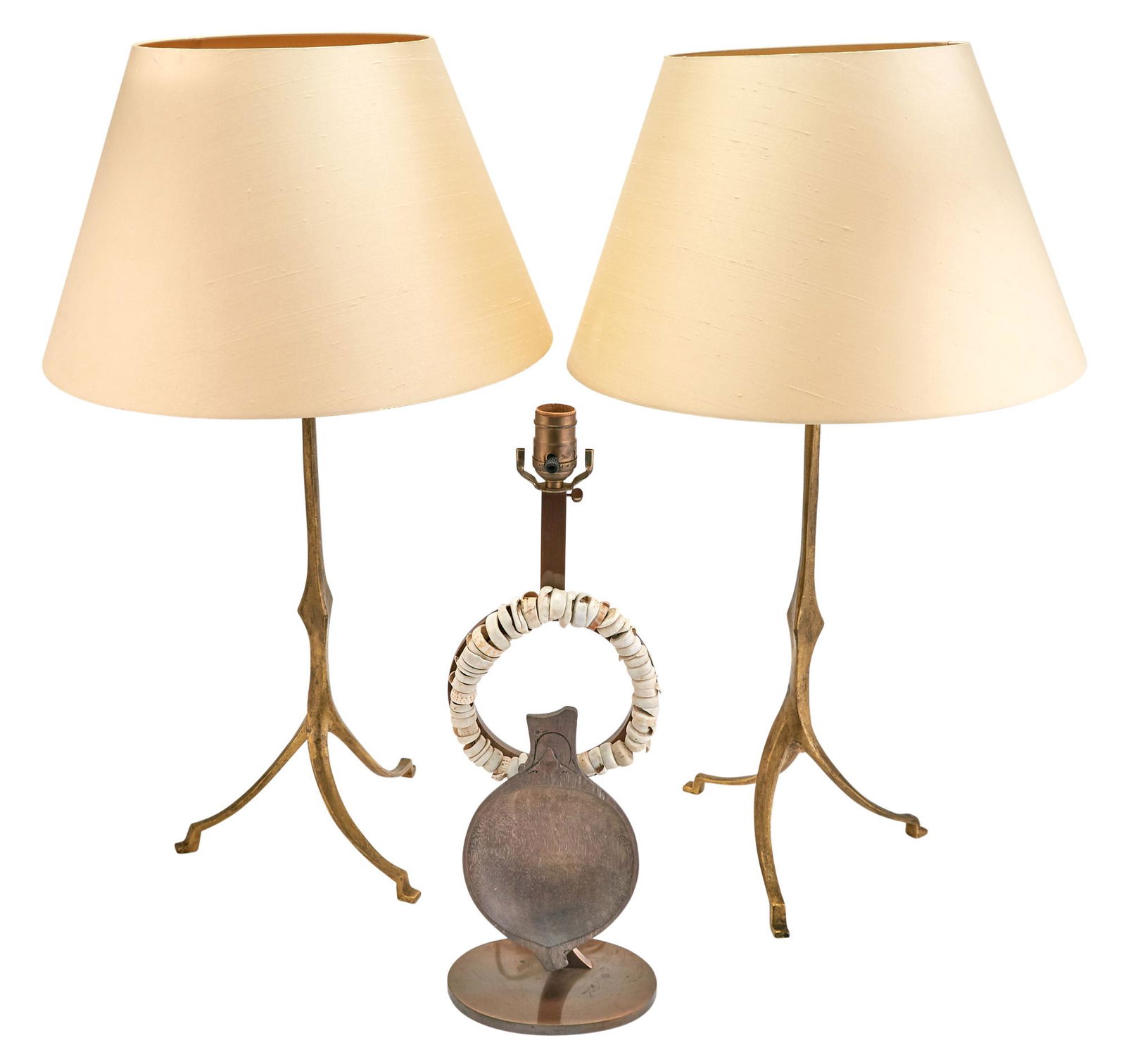 Pair of Gilt-Bronze Tripod-Form Table Lamps; Together with Patinated Bronze and Shell-Mounted (1 of 3)