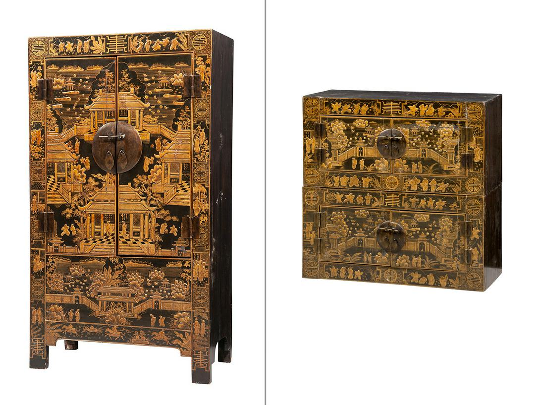 Two Large Chinese Style Parcel Gilt and Black Lacquer Cabinets (1 of 20)