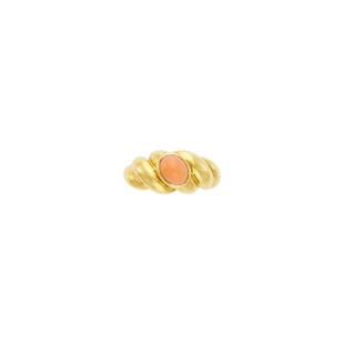 Van Cleef & Arpels Gold and Angel Skin Coral Ring, France: Van Cleef & Arpels Gold and Angel Skin Coral Ring, France 18 kt., one oval cabochon coral ap. 6.8 x 5.4 x 3.8 mm., signed VCA, no. B 5520 K 214, with maker's mark and French assay mark, ap. 4.4 dwts.