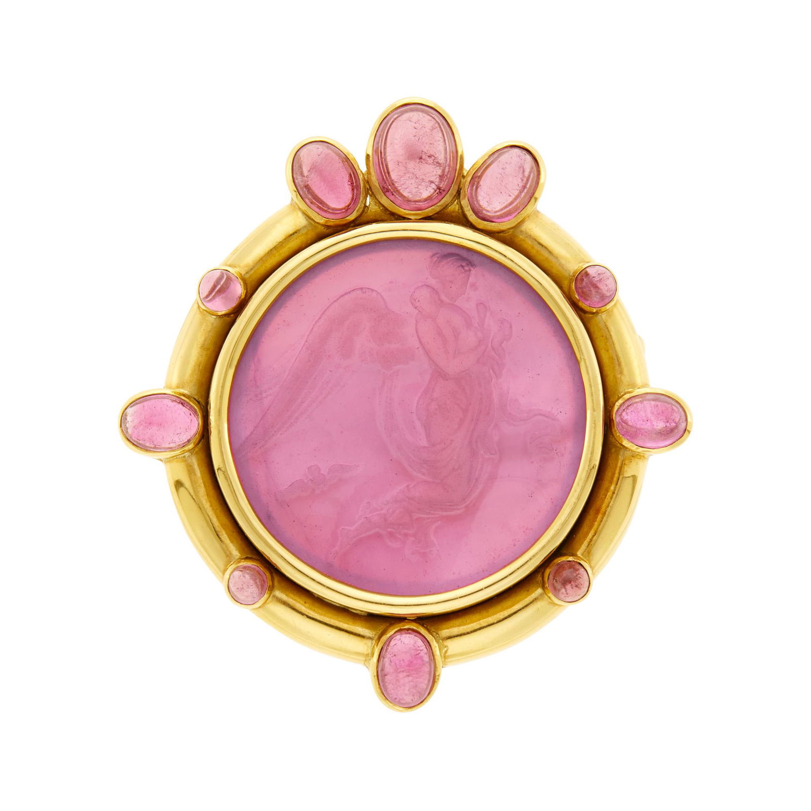 Elizabeth Locke Gold, Pink Glass Intaglio, Mother-of-Pearl and Cabochon Pink Tourmaline Clip-Brooch (1 of 3)
