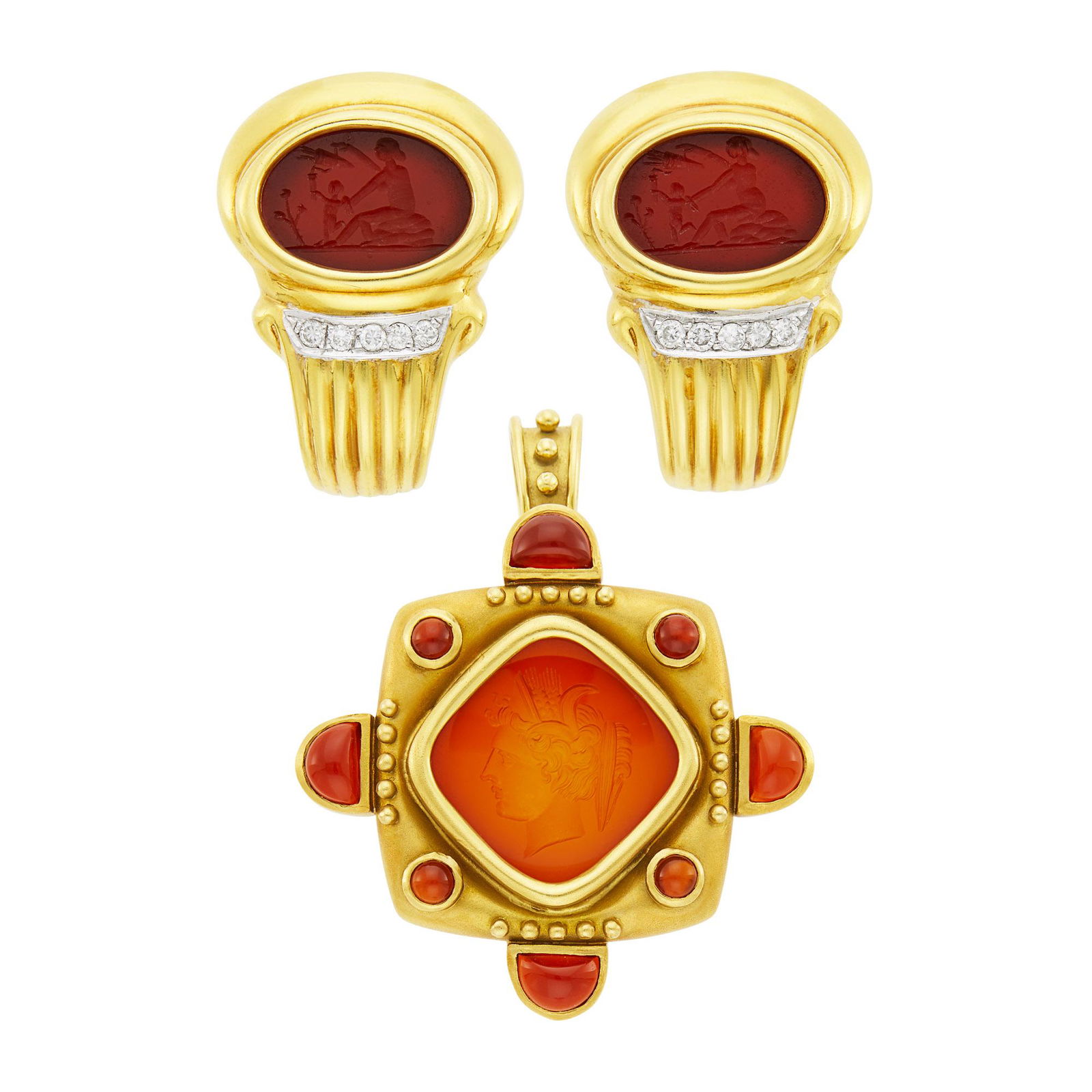 Pair of Gold, Carnelian Intaglio and Diamond Earclips and Pendant-Brooch (1 of 2)