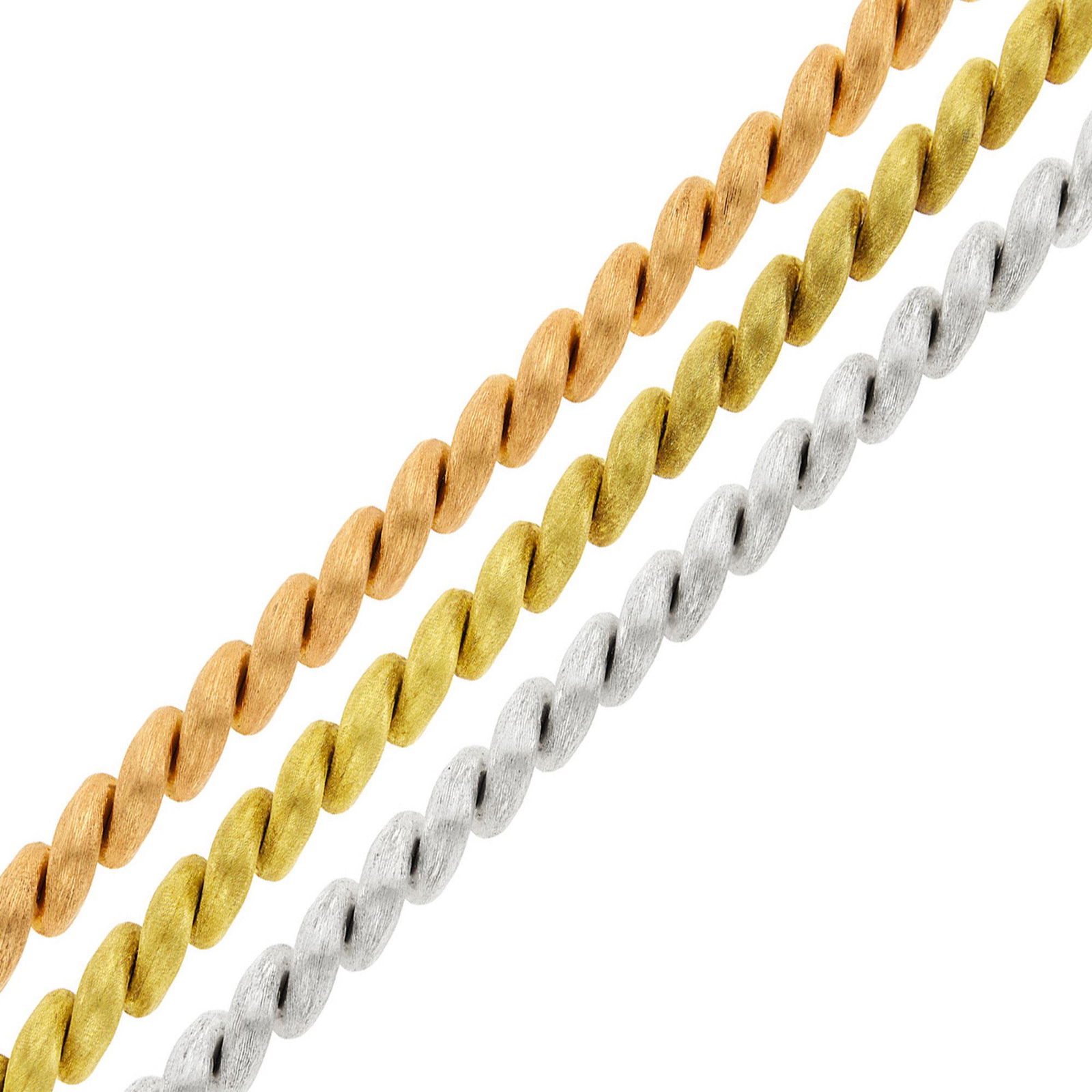 Three Yellow, White and Rose Gold San Marco Link Bracelets: Three Yellow, White and Rose Gold San Marco Link Bracelets 18 kt., ap. 67 dwts. Lengths 7 inches. •