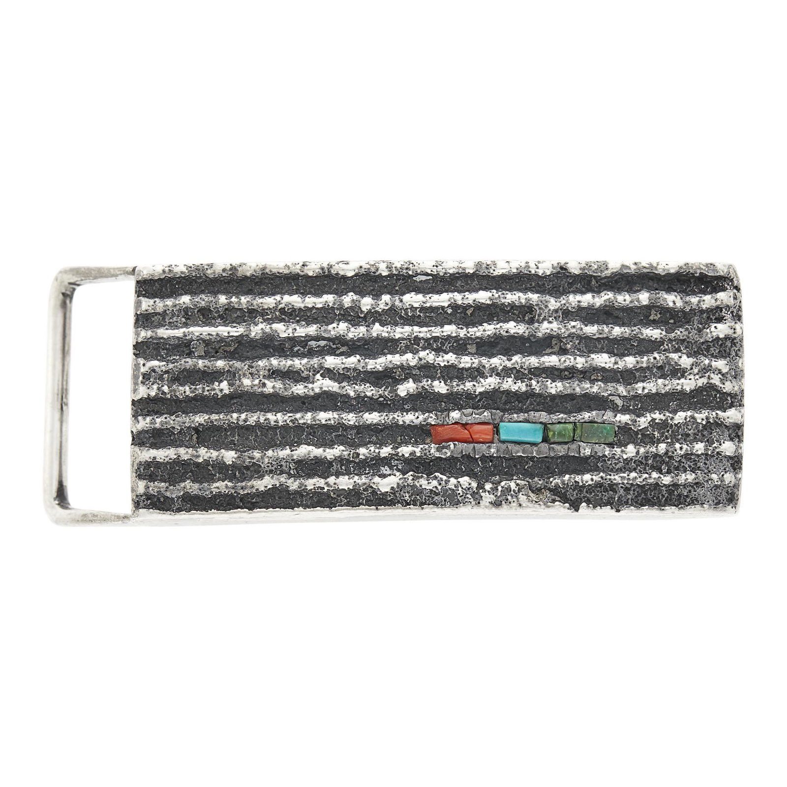 Charles Loloma Tufa-Cast Silver, Turquoise and Coral Belt Buckle: Charles Loloma Tufa-Cast Silver, Turquoise and Coral Belt Buckle Slender turquoise, coral and green stone, signed Loloma, c. 1960, ap. 25 dwts. C The Estate of Barbara P. Troy