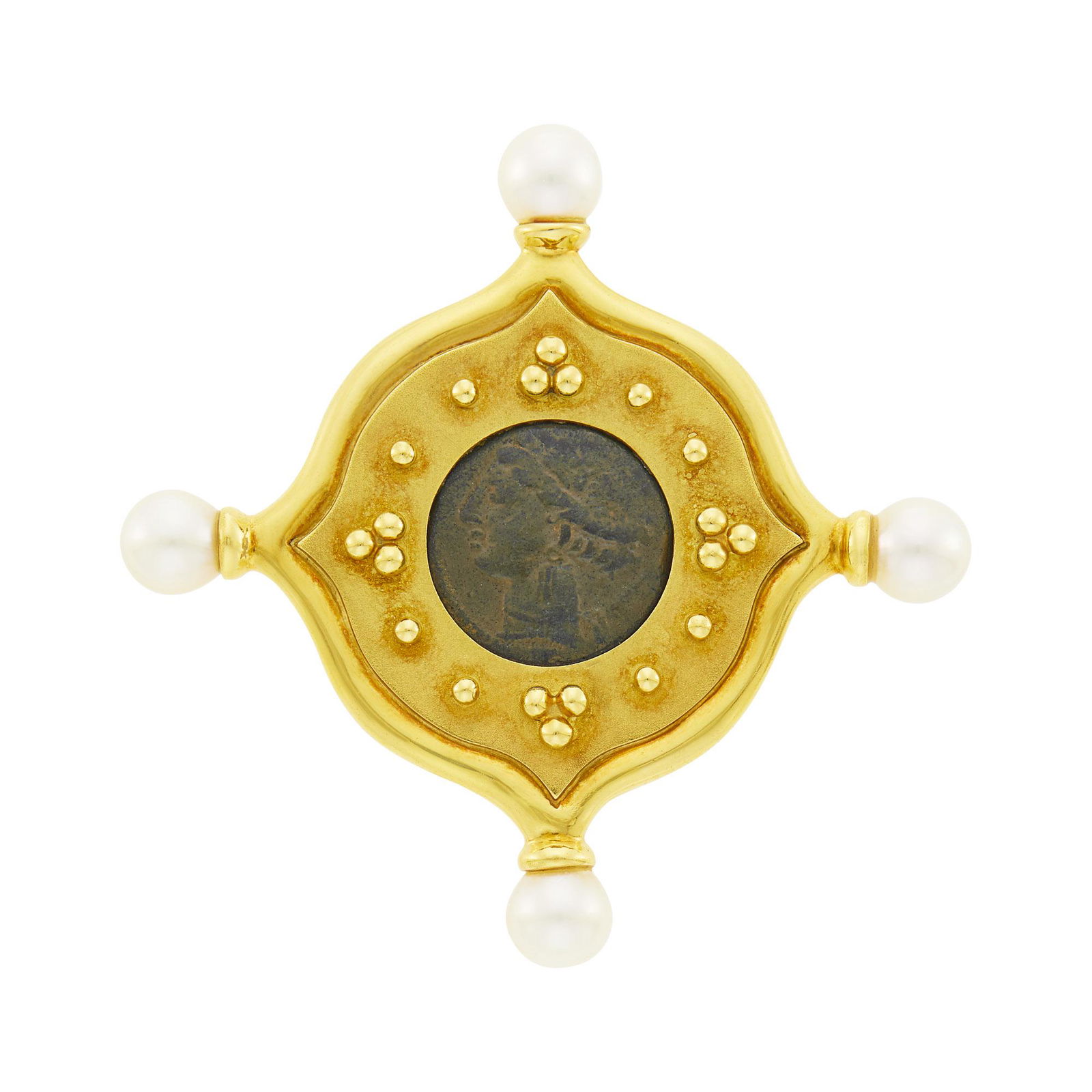 Elizabeth Gage Gold, Bronze Coin and Cultured Pearl Brooch (1 of 3)