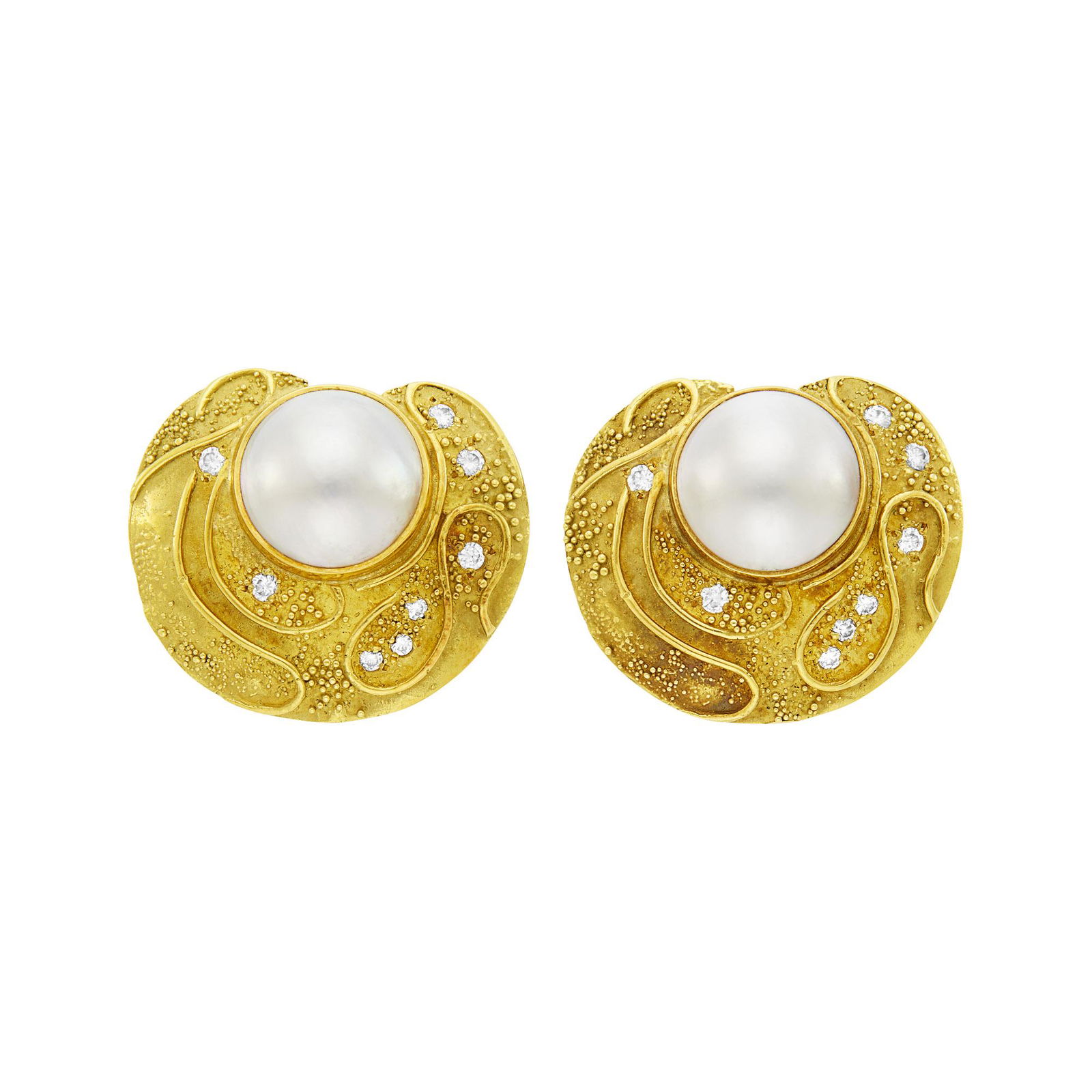 Elizabeth Gage Pair of Gold, Mabé Pearl and Diamond Earclips (1 of 3)