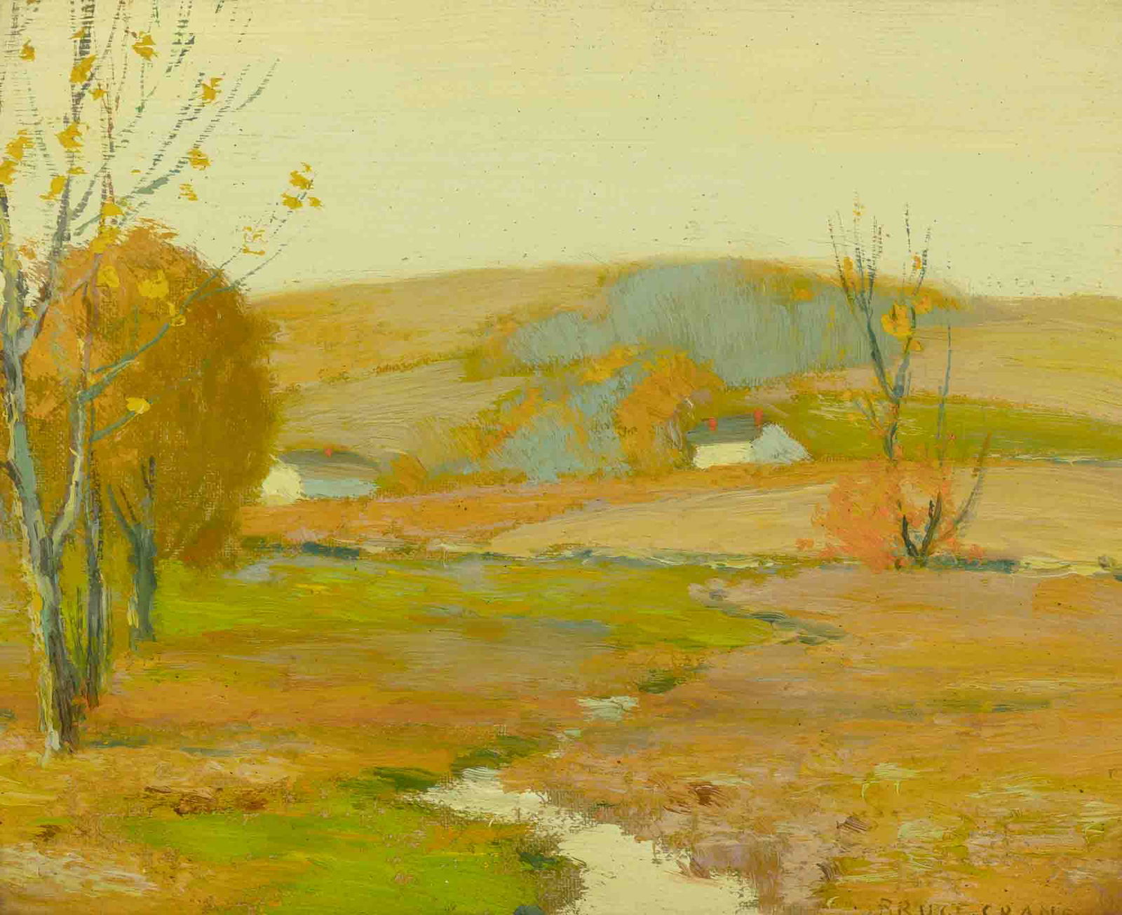 Bruce Crane American, 1857-1937 Autumn Color: Bruce Crane American, 1857-1937 Autumn Color Signed Bruce Crane (lr); signed Bruce Crane and inscribed as titled on the reverse Oil on board 8 x 10 inches (20.3 x 25.4 cm) C