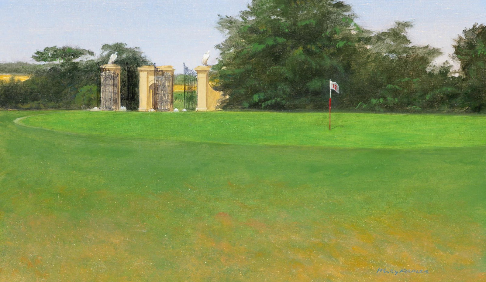 Henry Koehler American, 1927-2018 17th Green, The National, 2011: Henry Koehler American, 1927-2018 17th Green, The National, 2011 Signed Henry Koehler (lr); inscribed CS/CP, dated 2011, and inscribed as titled on the reverse Oil on canvas 12 x 20 inches (30.5 x 50.