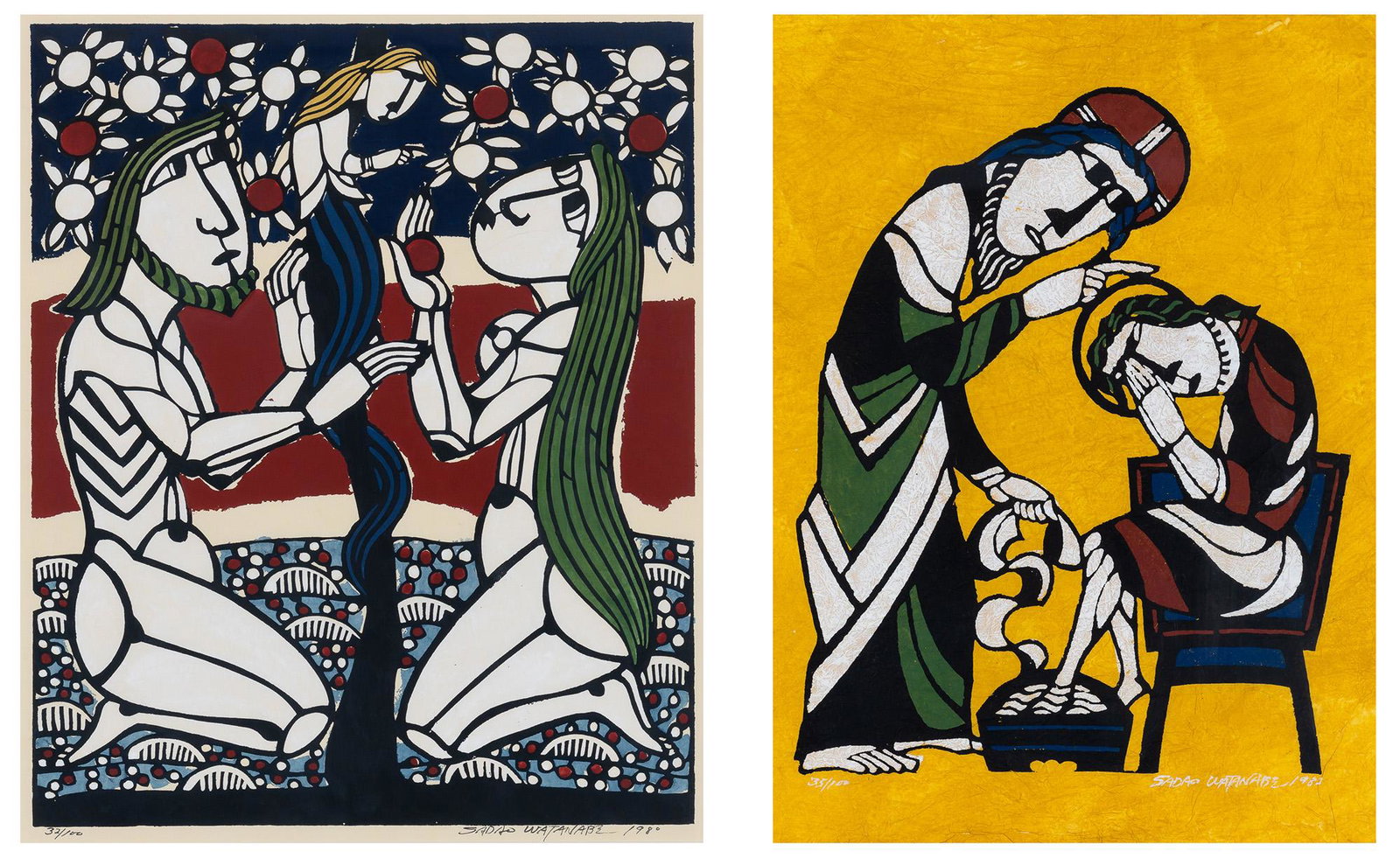 Sadao Watanabe ADAM AND EVE; CHRIST WASHING THE FEET OF SAINT PETER Two hand-colored stencil prints, (1 of 8)