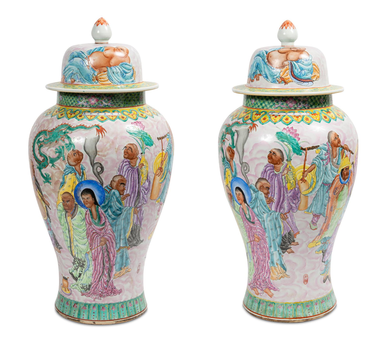 Companion Pair of Chinese Polychrome Decorated Porcelain Oversize Jars With Covers (1 of 7)