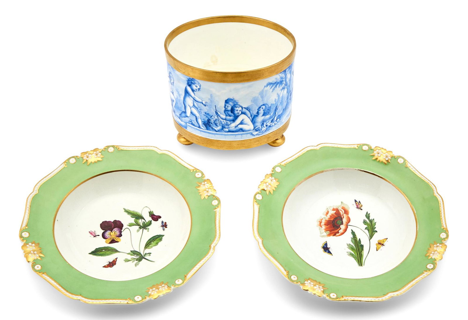 Pair of Derby Botanical Decorated Porcelain Rim Soup Plates; Together with a Minton Porcelain: 6 Pair of Derby Botanical Decorated Porcelain Rim Soup Plates 19th Century Each with an apple green border, one center painted with a pansy and the other with a poppy, diameter 10 inches; Together wit