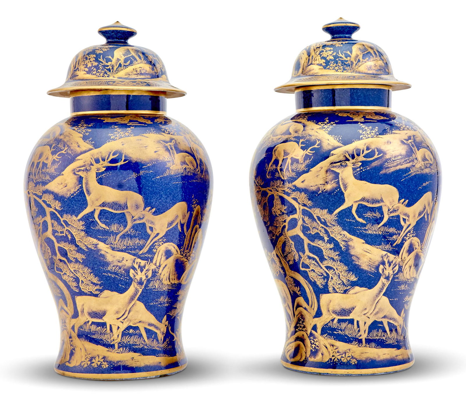 Pair of Chinese Gilt Decorated Powder Blue Porcelain Baluster Jars with Covers (1 of 6)