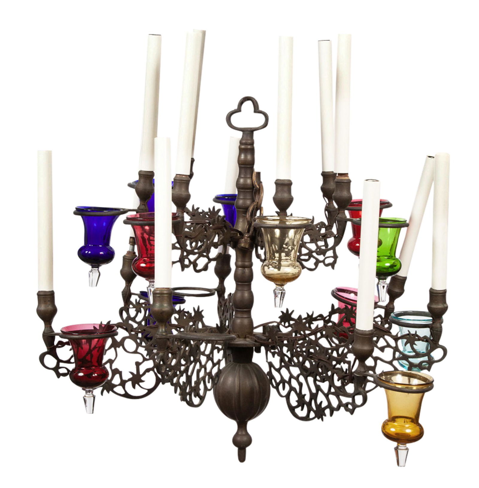 Patinated Metal and Colored Glass Fourteen-Light Chandelier: 0 Patinated Metal and Colored Glass Fourteen-Light Chandelier Height 22 inches, diameter 24 1/2 inches. C