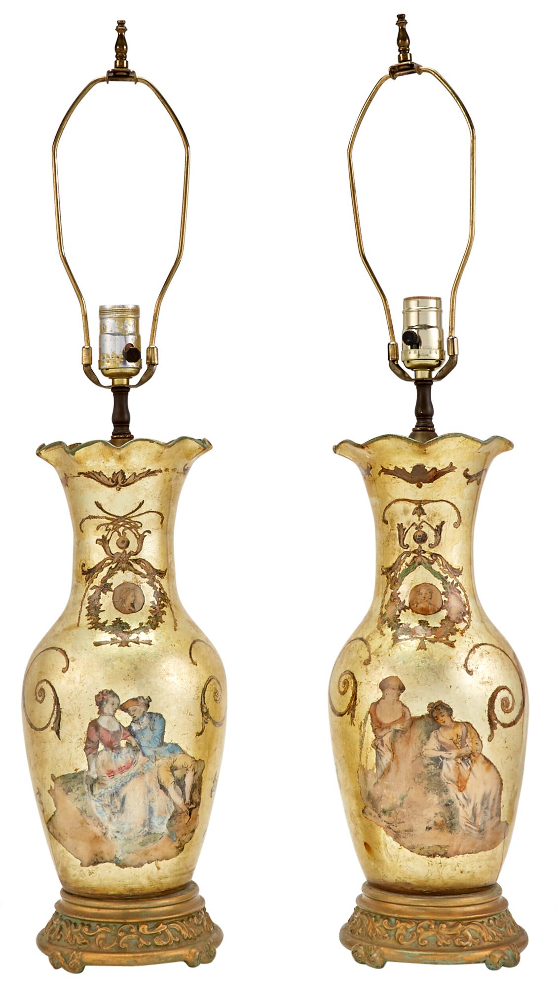 Pair of Glass Decoupage Baluster-Form Vases Mounted as Lamps: 3 Pair of Glass Decoupage Baluster-Form Vases Mounted as Lamps Height of body 13 3/4 inches. C