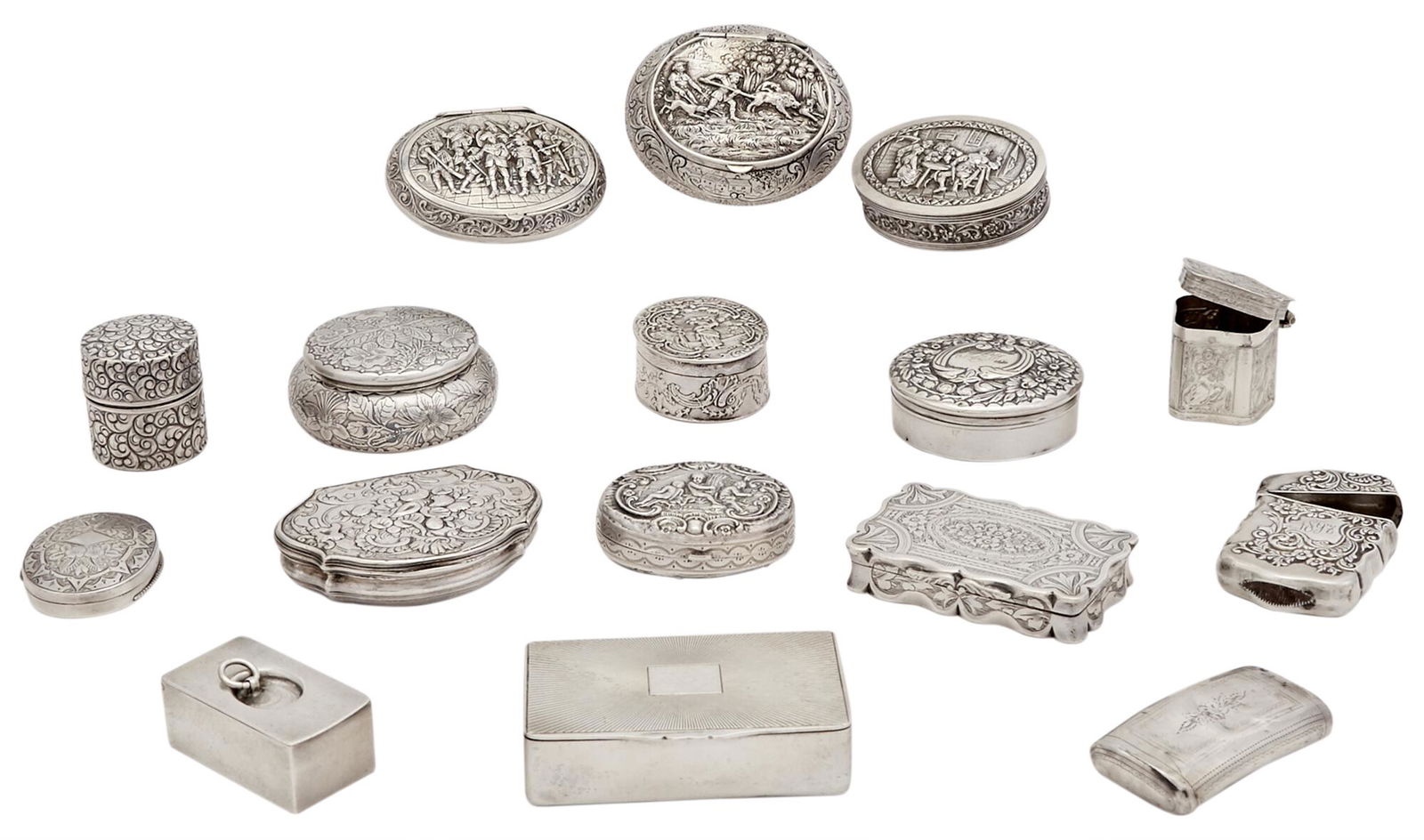 Group of English, Continental and American Silver Snuff Boxes, Pill Boxes and a Match Safe (1 of 4)