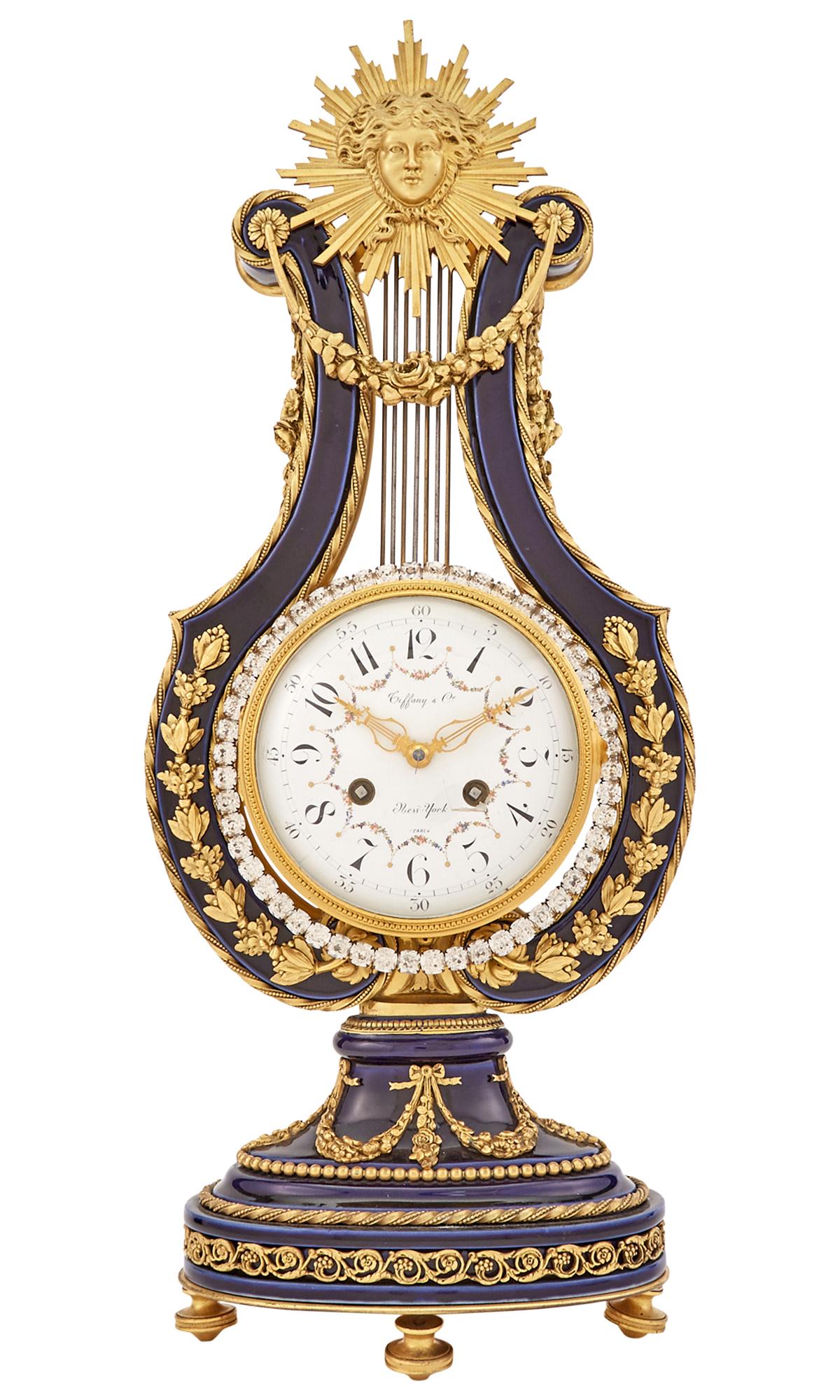 Louis XVI Style Gilt-Metal Mounted Cobalt Ground Porcelain Lyre-Form 'Jeweled' Mantel Clock With (1 of 3)