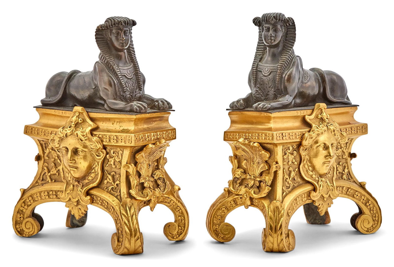 Pair of Louis XV Style Gilt and Patinated Bronze Sphinx Chenets (1 of 3)