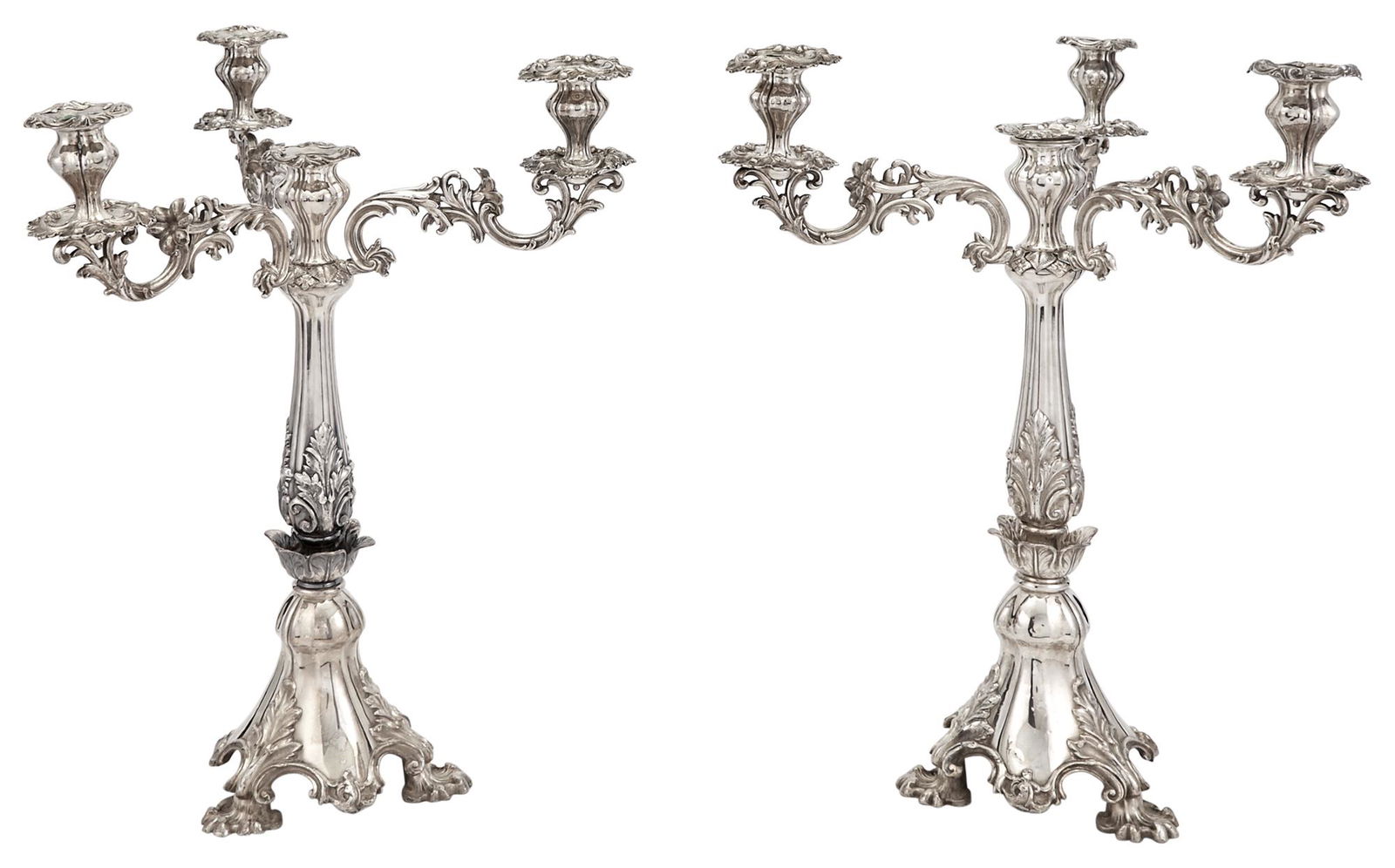 Pair of English Silver Plated Four-Light Candelabra: Pair of English Silver Plated Four-Light Candelabra James Dixon & Sons, late 19th/early 20th century Each with an acanthus clad reeded stem issuing three scroll branches centering a light, raised on a
