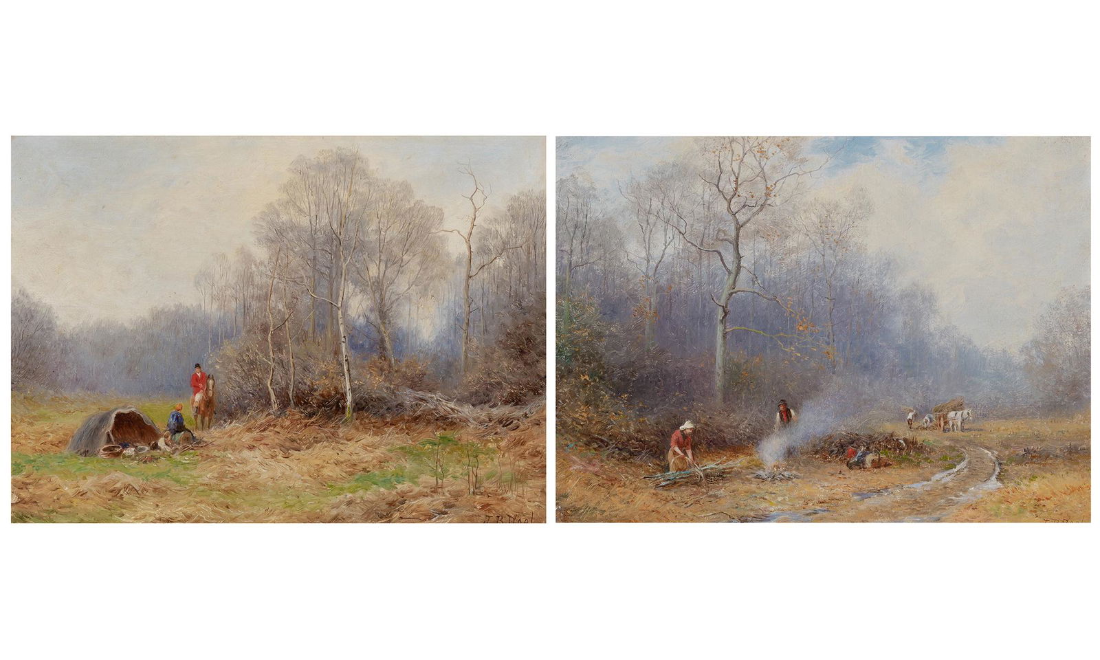 John Bates Noel British, 1870-1927 An Advent of Spring and Clearing the Woods: Two: John Bates Noel British, 1870-1927 An Advent of Spring and Clearing the Woods: Two Each signed J.B. Noel (lr); each signed J.B. Noel and inscribed as titled on the reverse Oil on canvas Each 12 1/4 x